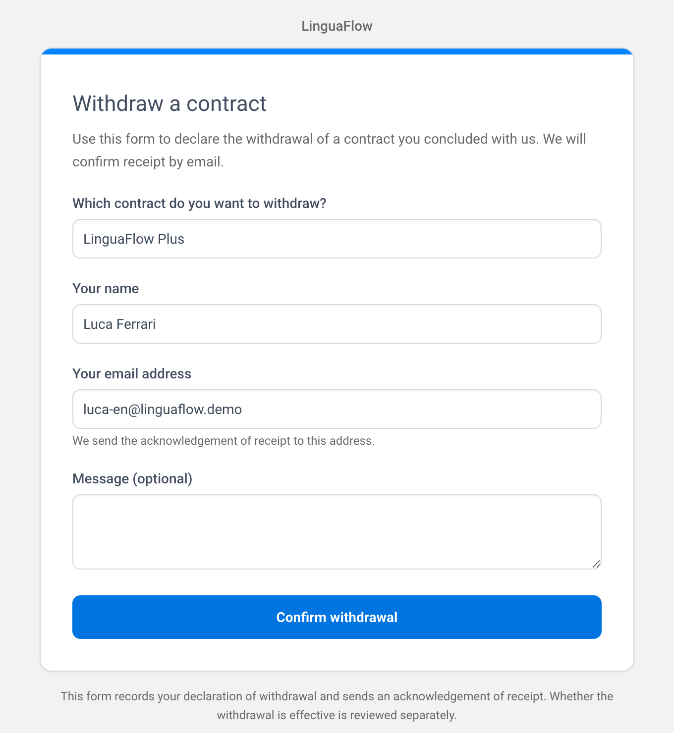 Het onlineformulier voor herroeping met de keuze van de overeenkomst voor een ingelogd lid.
