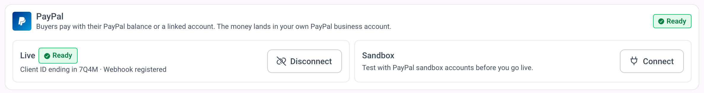 Het PayPal-vak met het liveaccount klaar, de webhook geregistreerd en de sandboxrij niet gekoppeld.