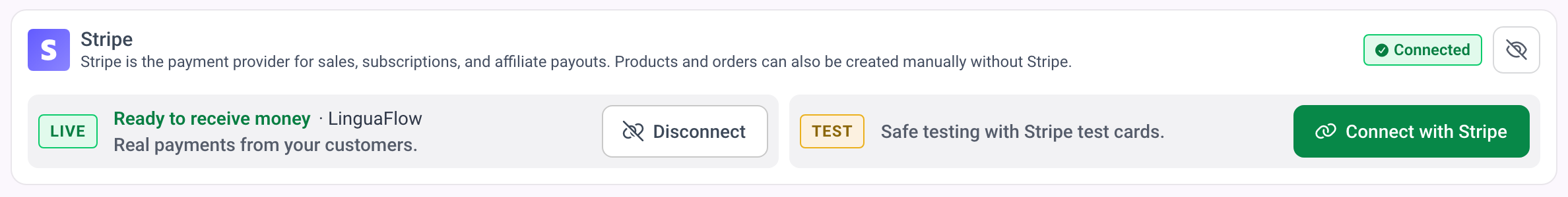 The Stripe box with the Live row marked Ready to receive money and the Test row offering Connect with Stripe.