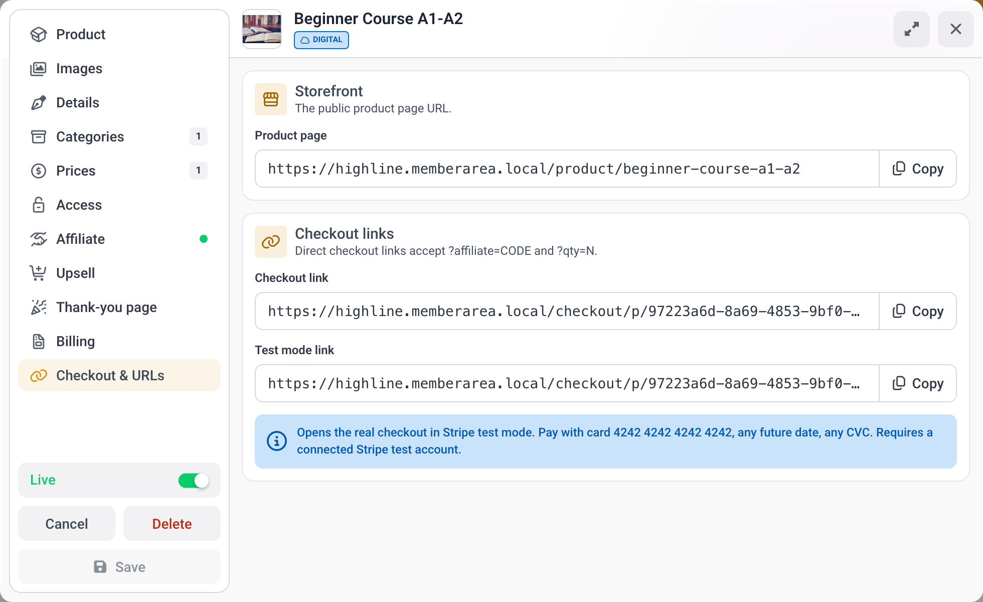 Sekcja Kasa i adresy URL z adresem URL strony produktu, linkiem do kasy i linkiem trybu testowego.