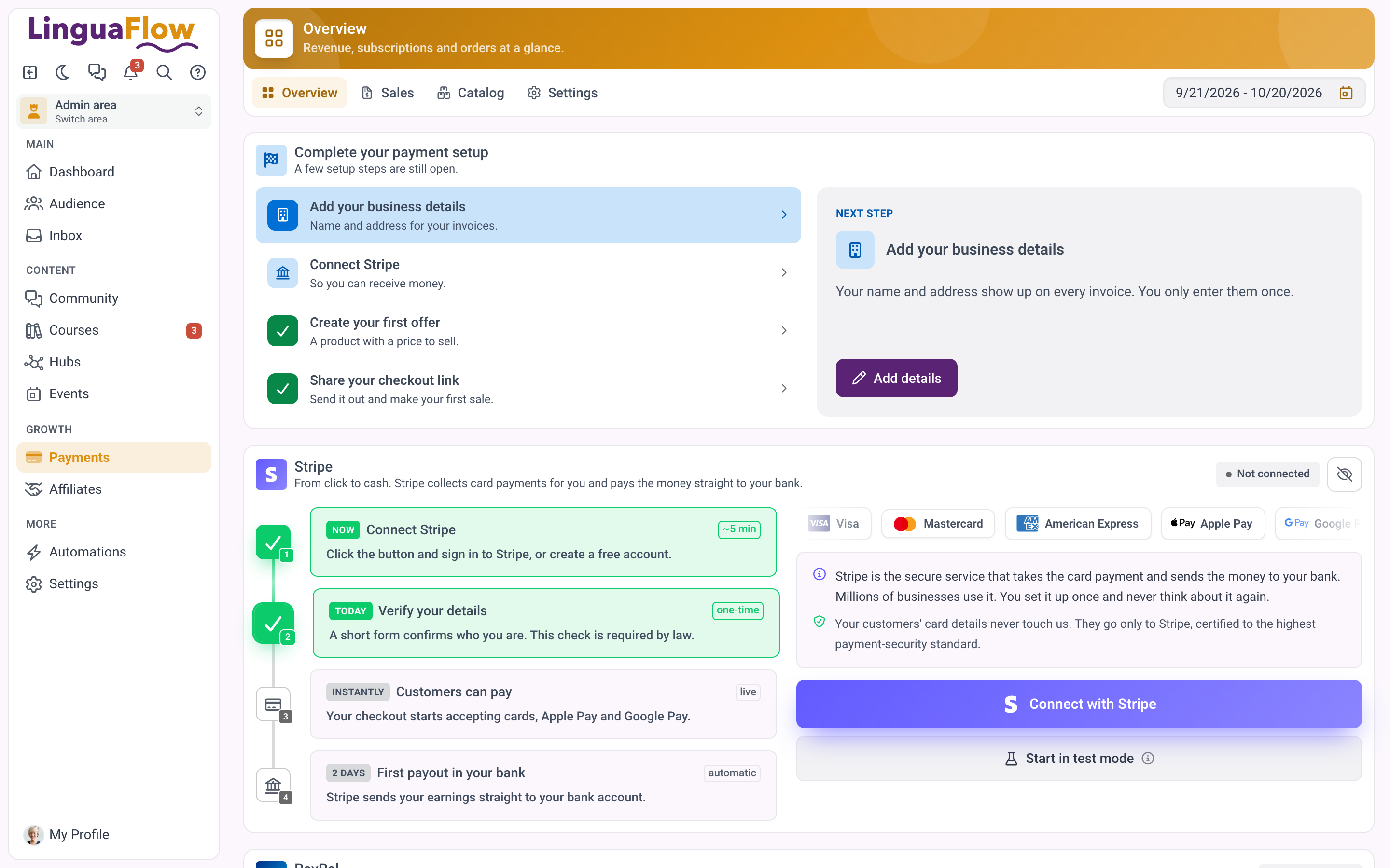 Przegląd płatności z listą kontrolną Dokończ konfigurację płatności i polem Stripe.