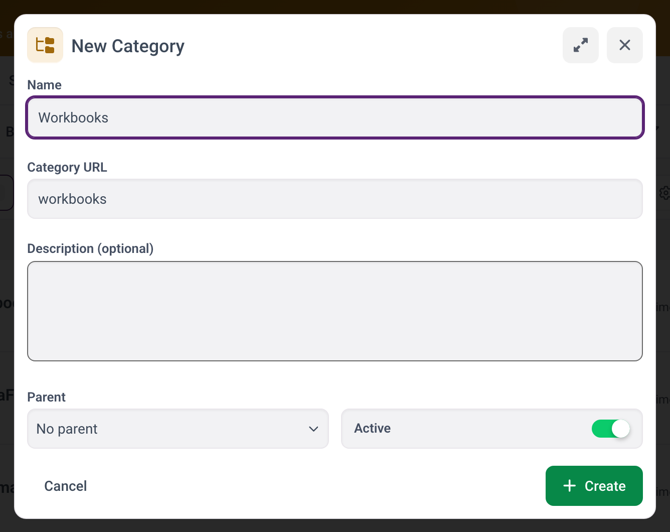 The New Category form with name, category URL, description, parent and the Active switch.