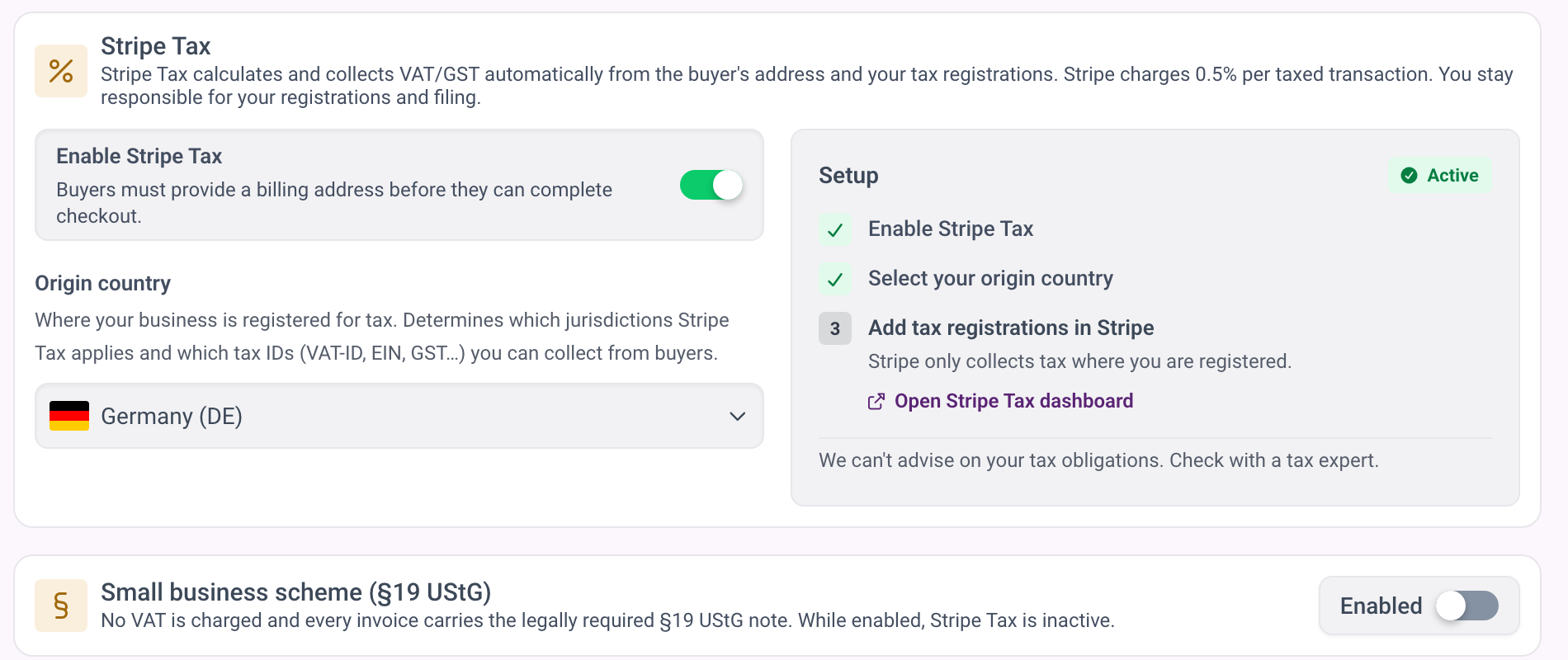 Ustawienia podatków z włączonym Stripe Tax, krajem pochodzenia i krokami konfiguracji.