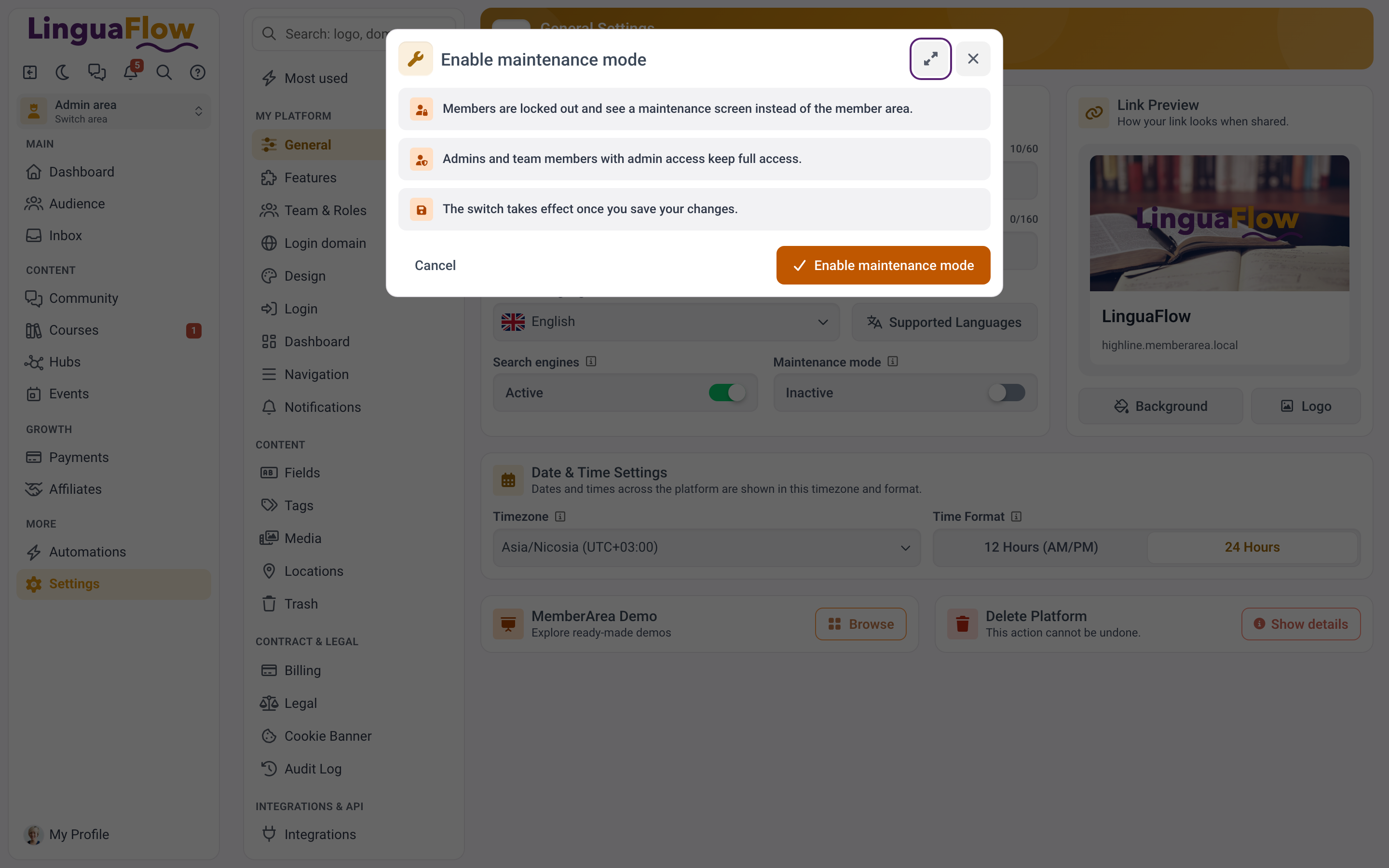 Der Dialog Wartungsmodus aktivieren mit der Übersicht, was mit Mitgliedern und Admins passiert.