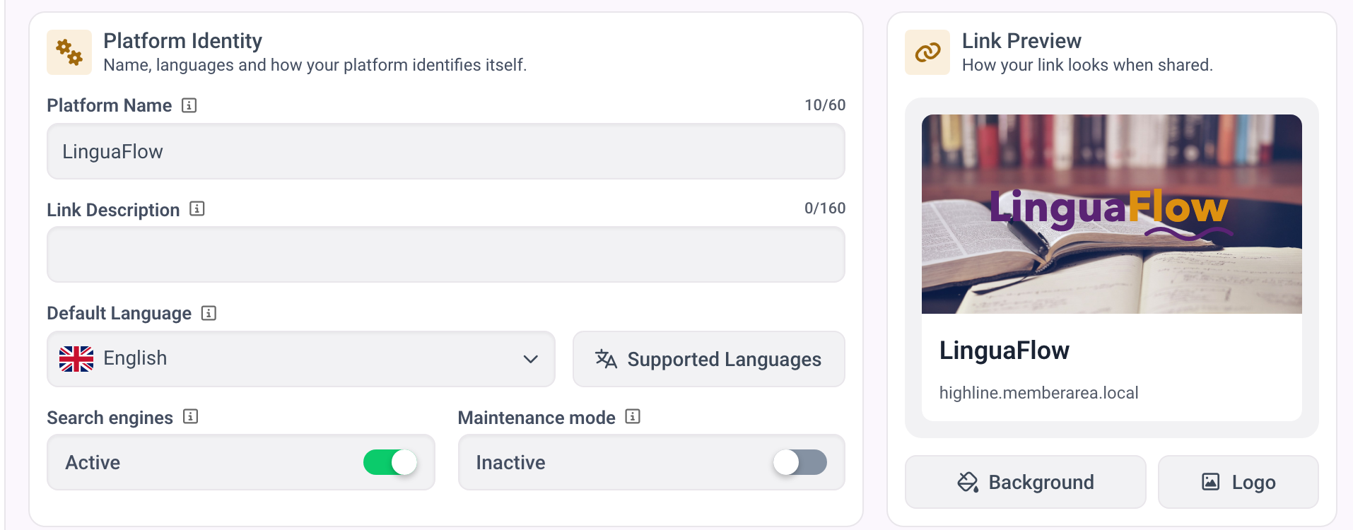 Die allgemeinen Einstellungen mit Plattform-Identität und der Karte Link-Vorschau.