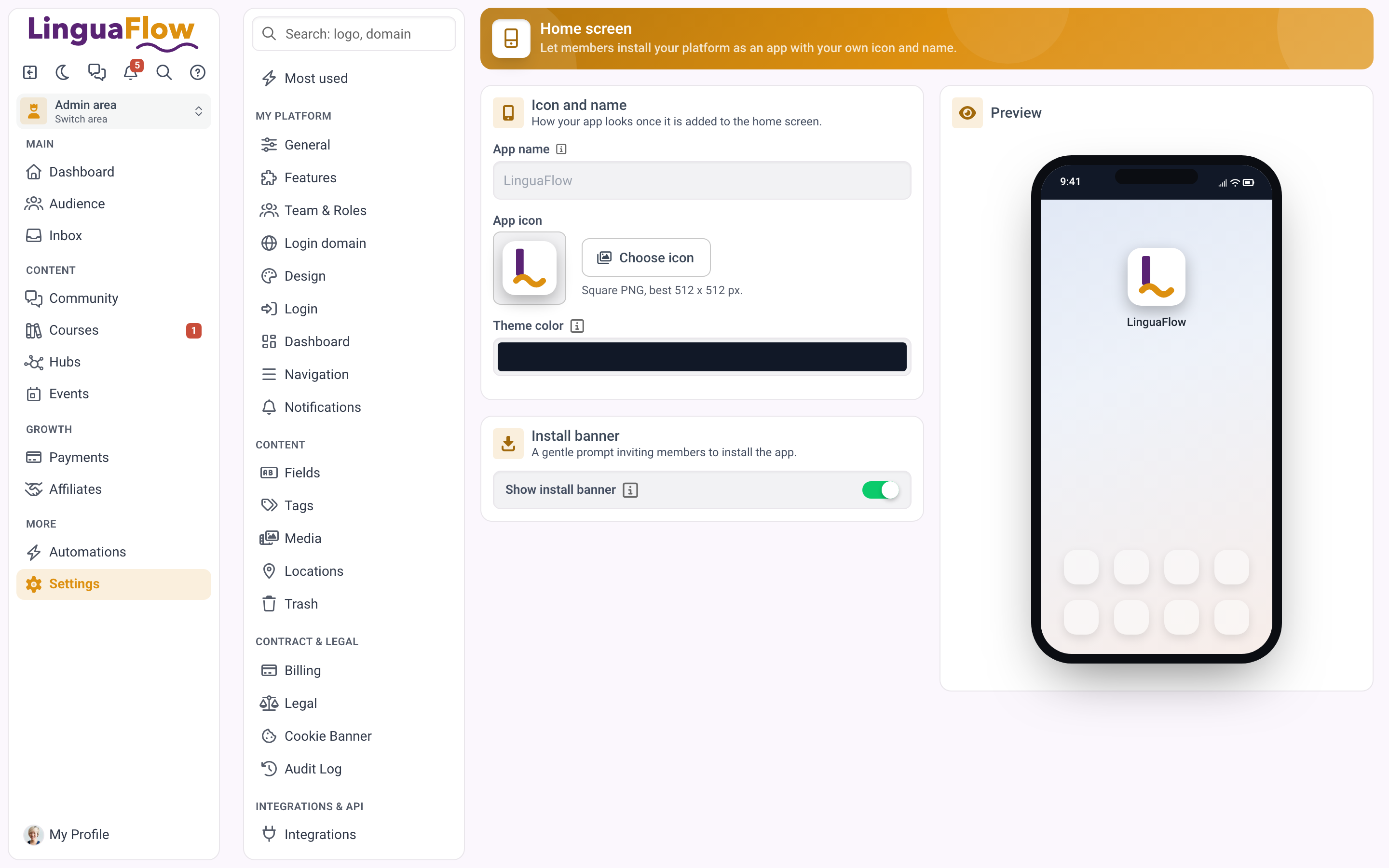 Die Einstellungen für den Startbildschirm mit App-Name, Symbol, Themenfarbe und der Vorschau auf dem Smartphone.