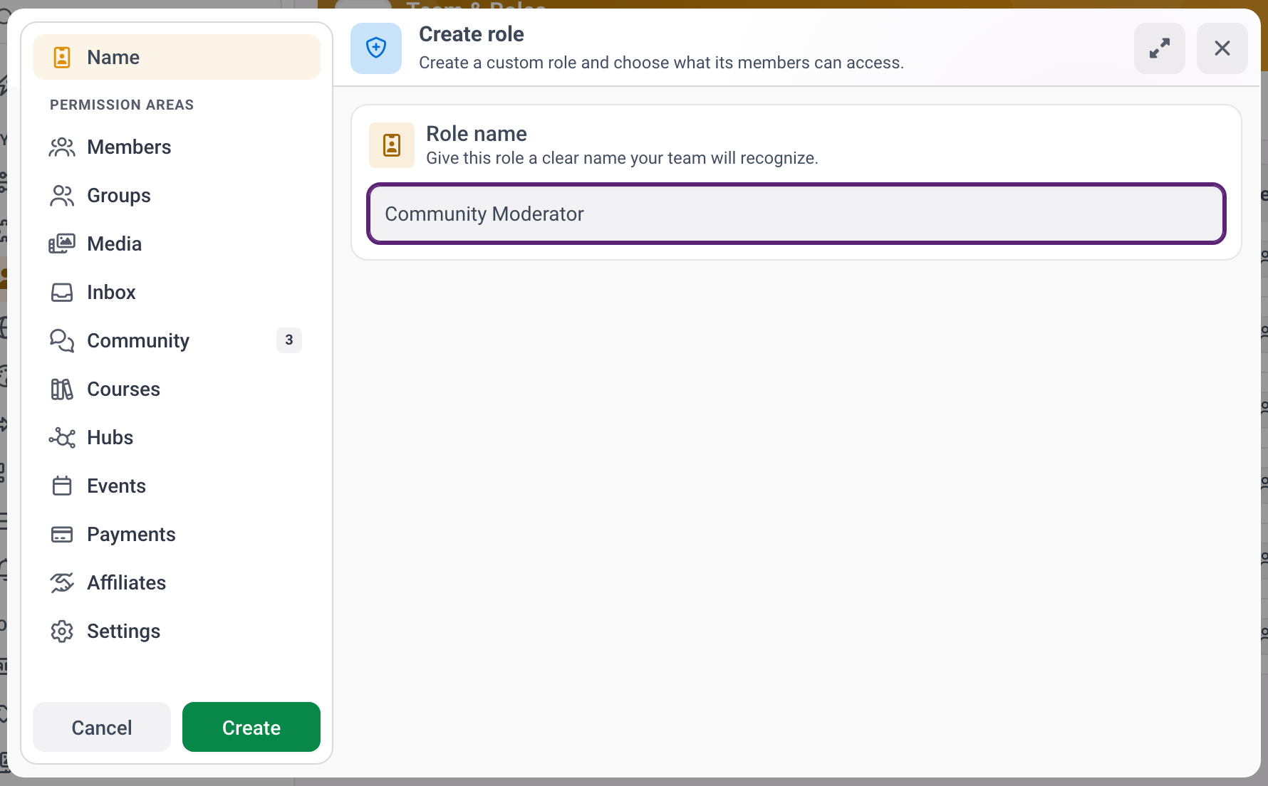 El editor de roles con el nombre del rol y las áreas de permisos.