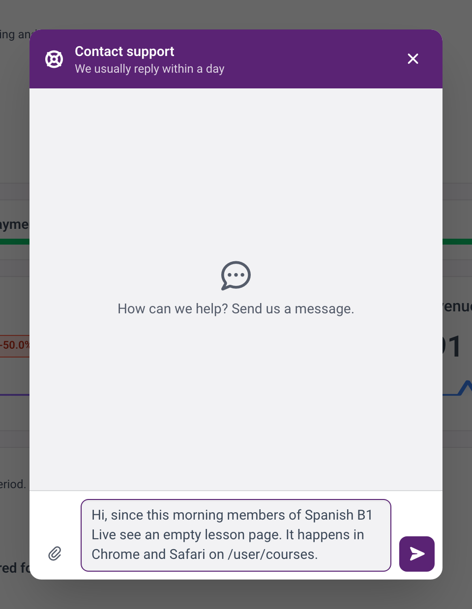 The Contact support chat window with a message typed in the message field.
