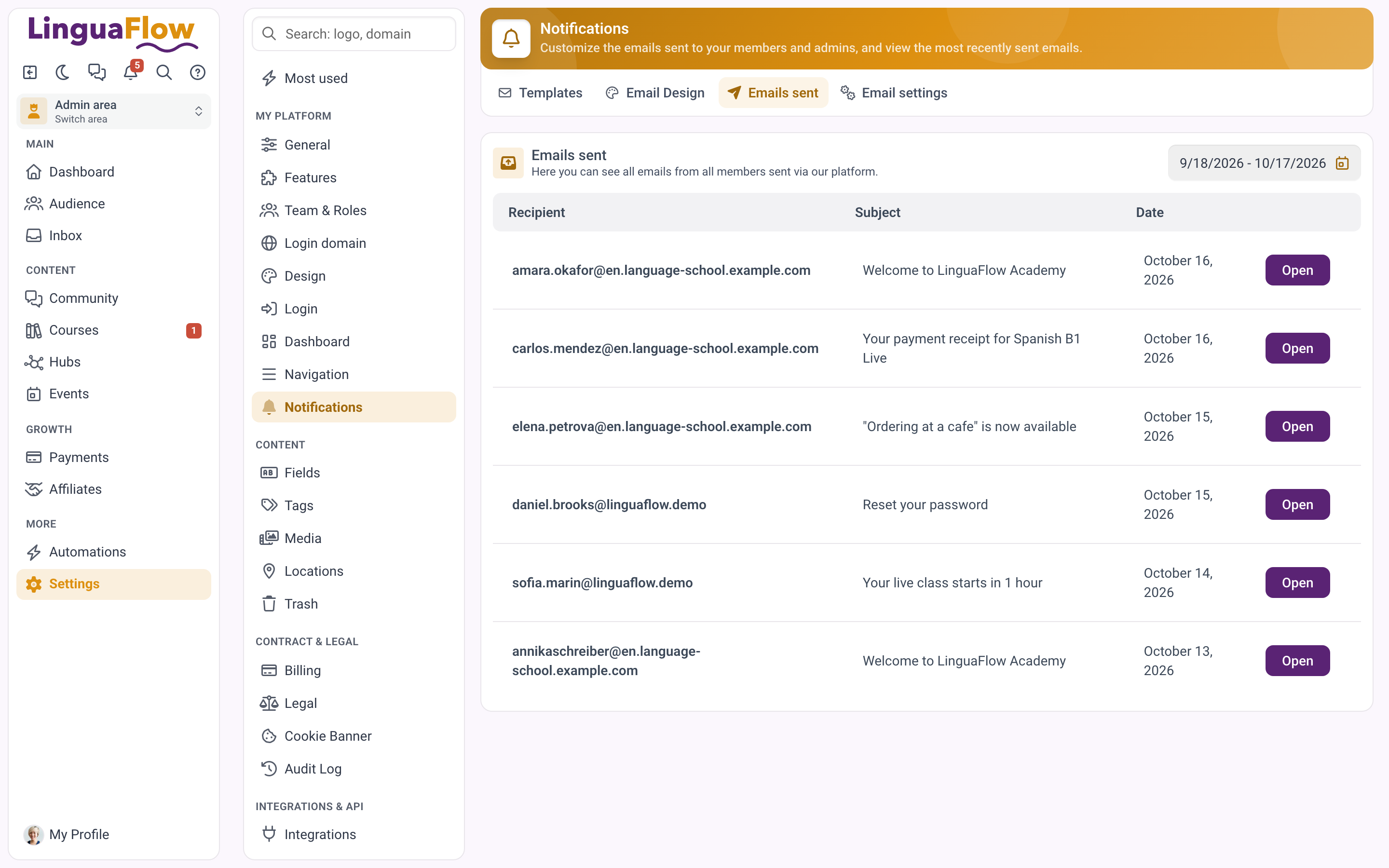 Lista Wysłane e-maile z odbiorcą, tematem i datą ostatnich wiadomości.