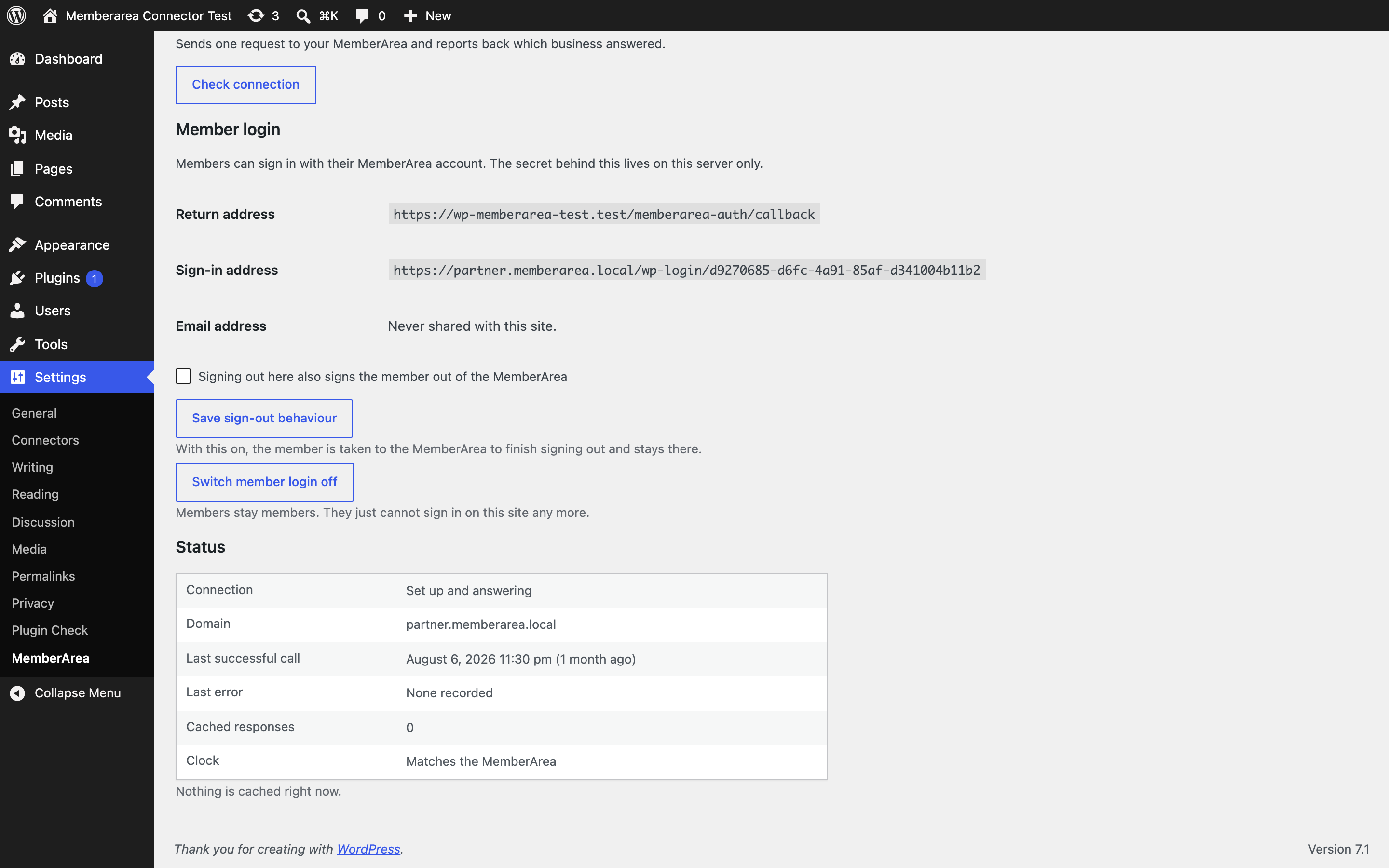 The status table on the settings page