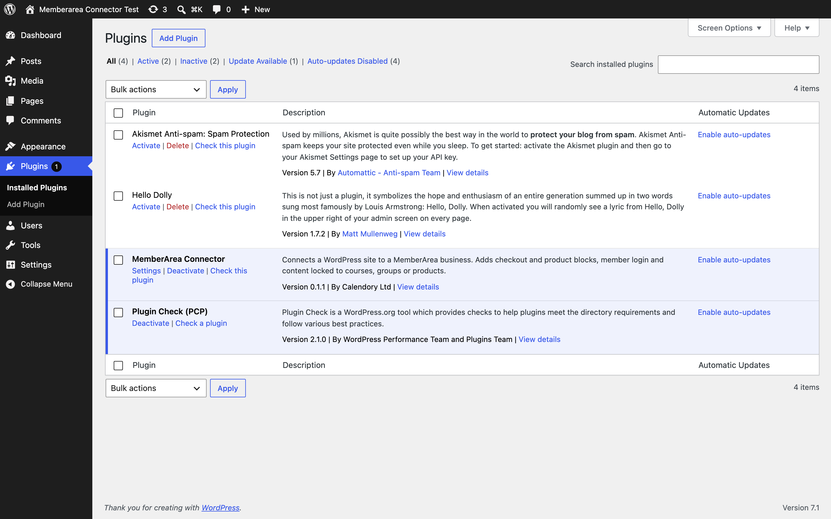 The plugins list with MemberArea Connector active
