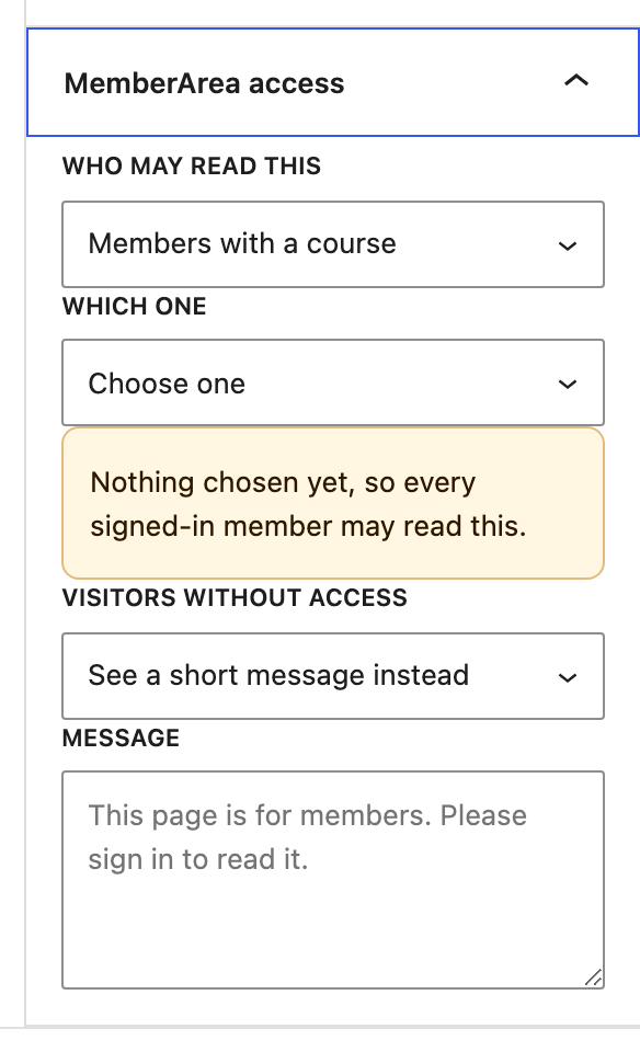 The memberarea access panel with a course rule and a message for visitors