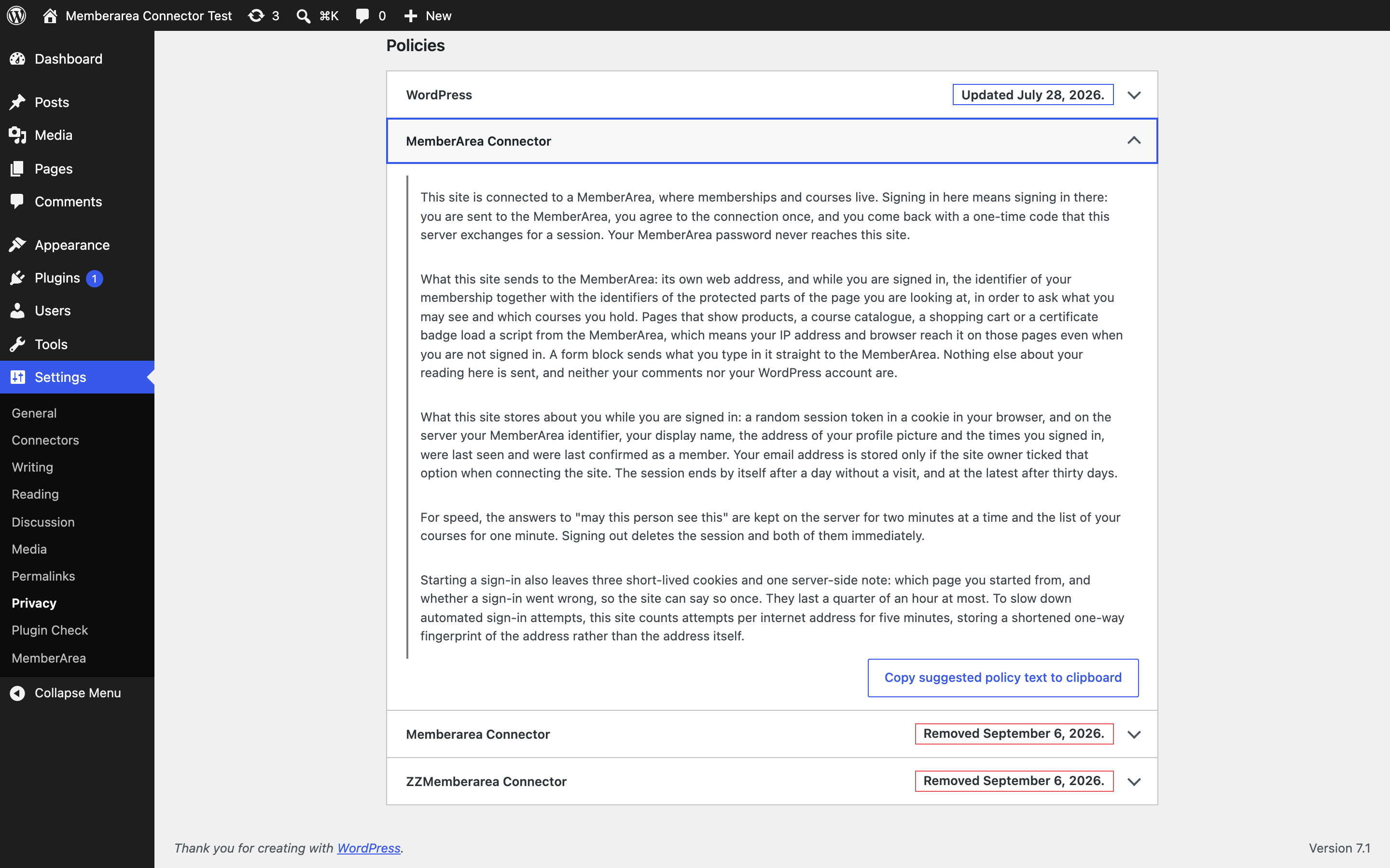 The suggested privacy policy text under Settings, Privacy, Policy Guide