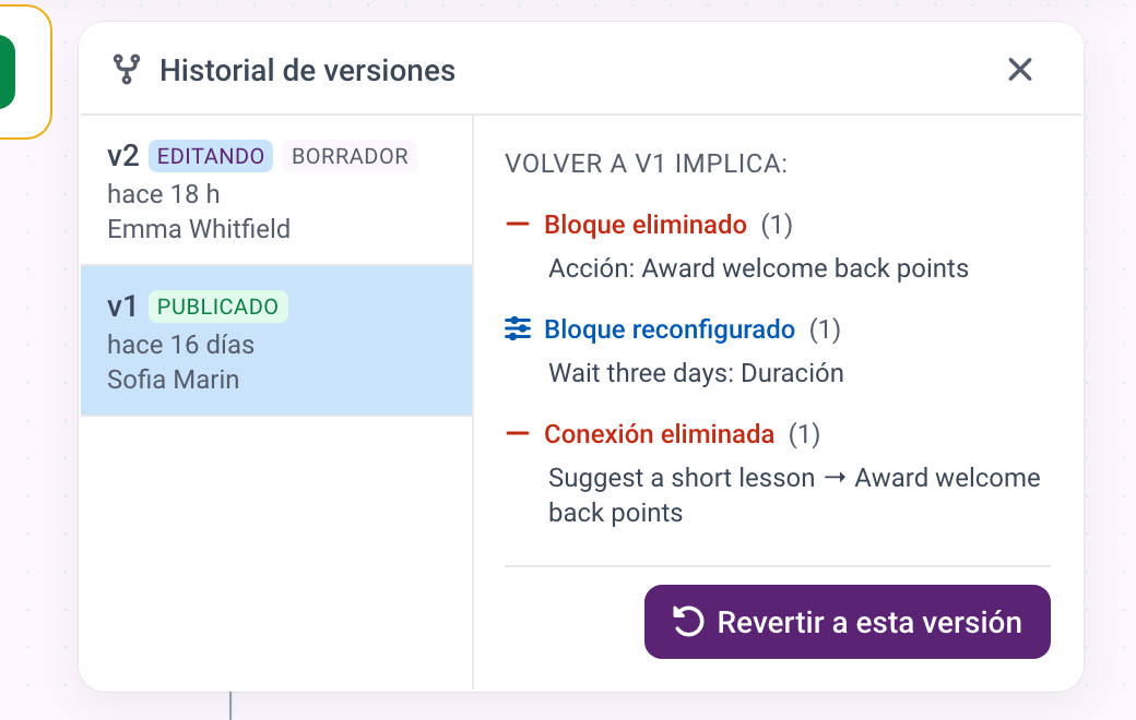 El panel Versiones con la versión publicada y el borrador, y la lista de los cambios que haría revertir a esa versión.