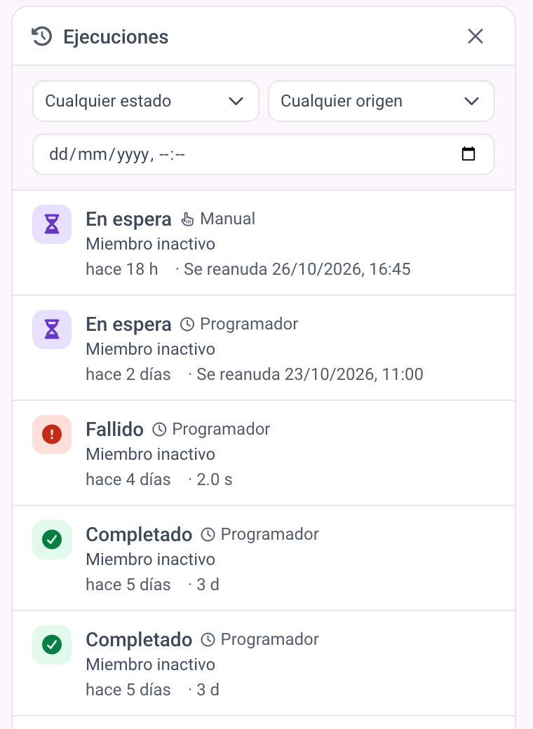 El panel Ejecuciones con ejecuciones en espera, fallidas y completadas, su origen, hora de inicio y duración.
