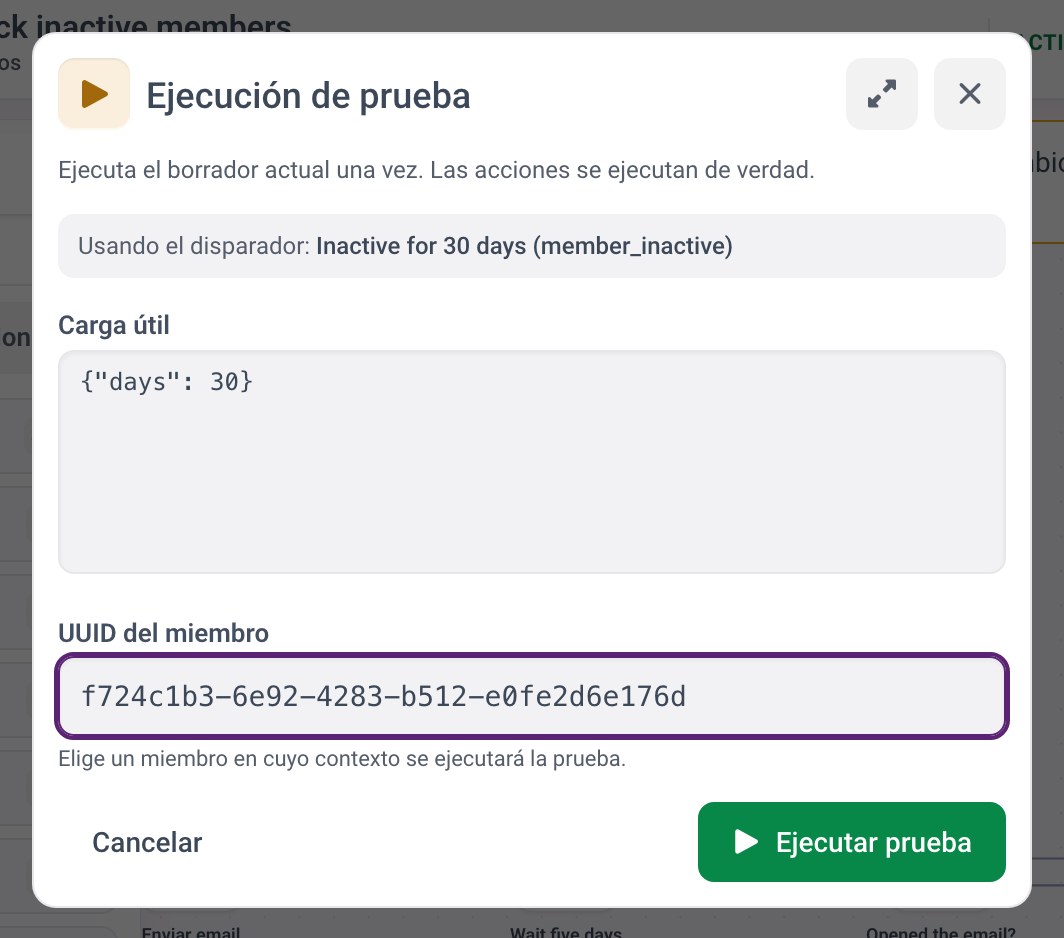 El diálogo Ejecución de prueba con la carga útil en JSON y el UUID del miembro rellenado, listo para ejecutar.