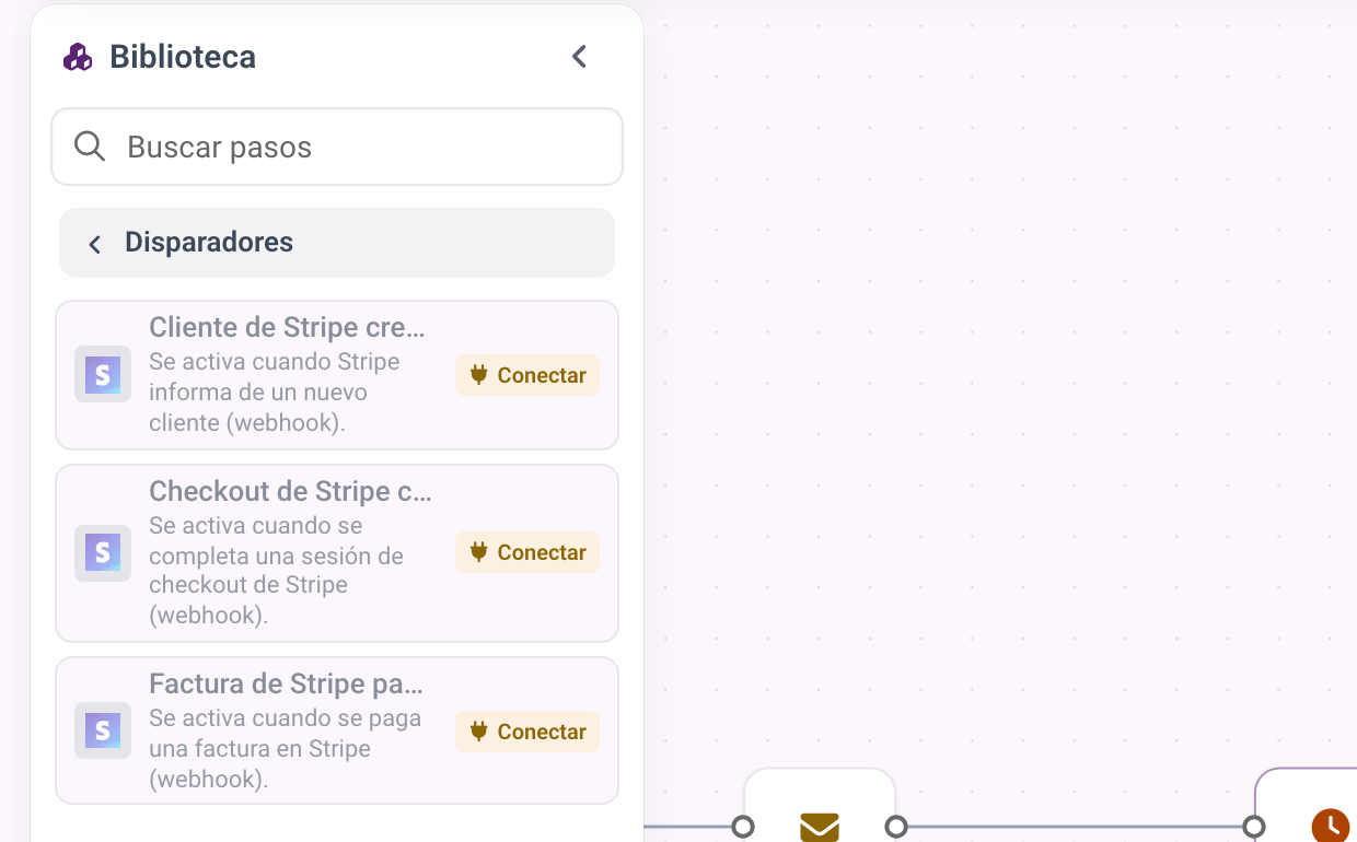 Los disparadores de Stripe en la biblioteca, atenuados con el chip Conectar porque Stripe aún no está conectado.