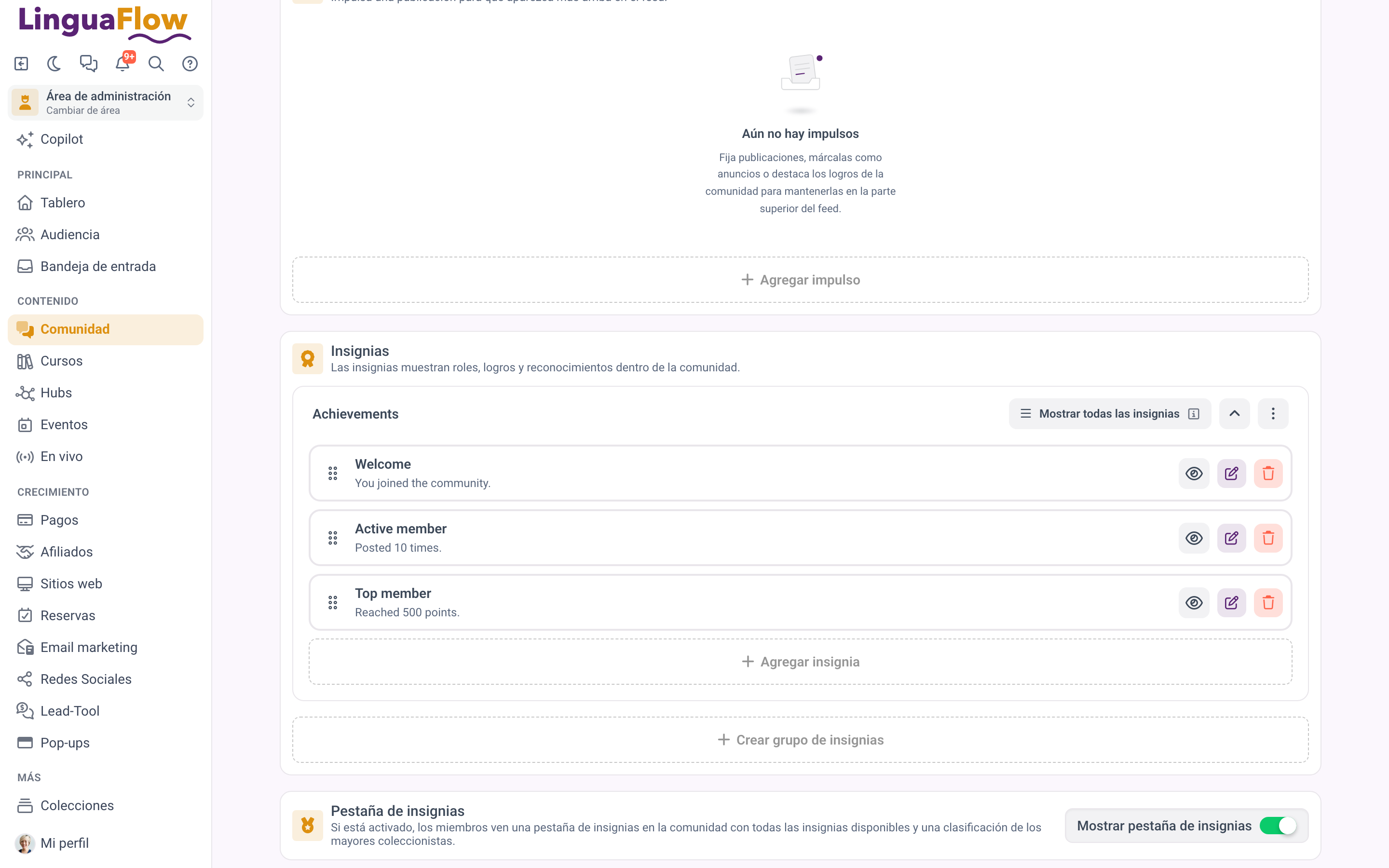 La lista de insignias con grupos