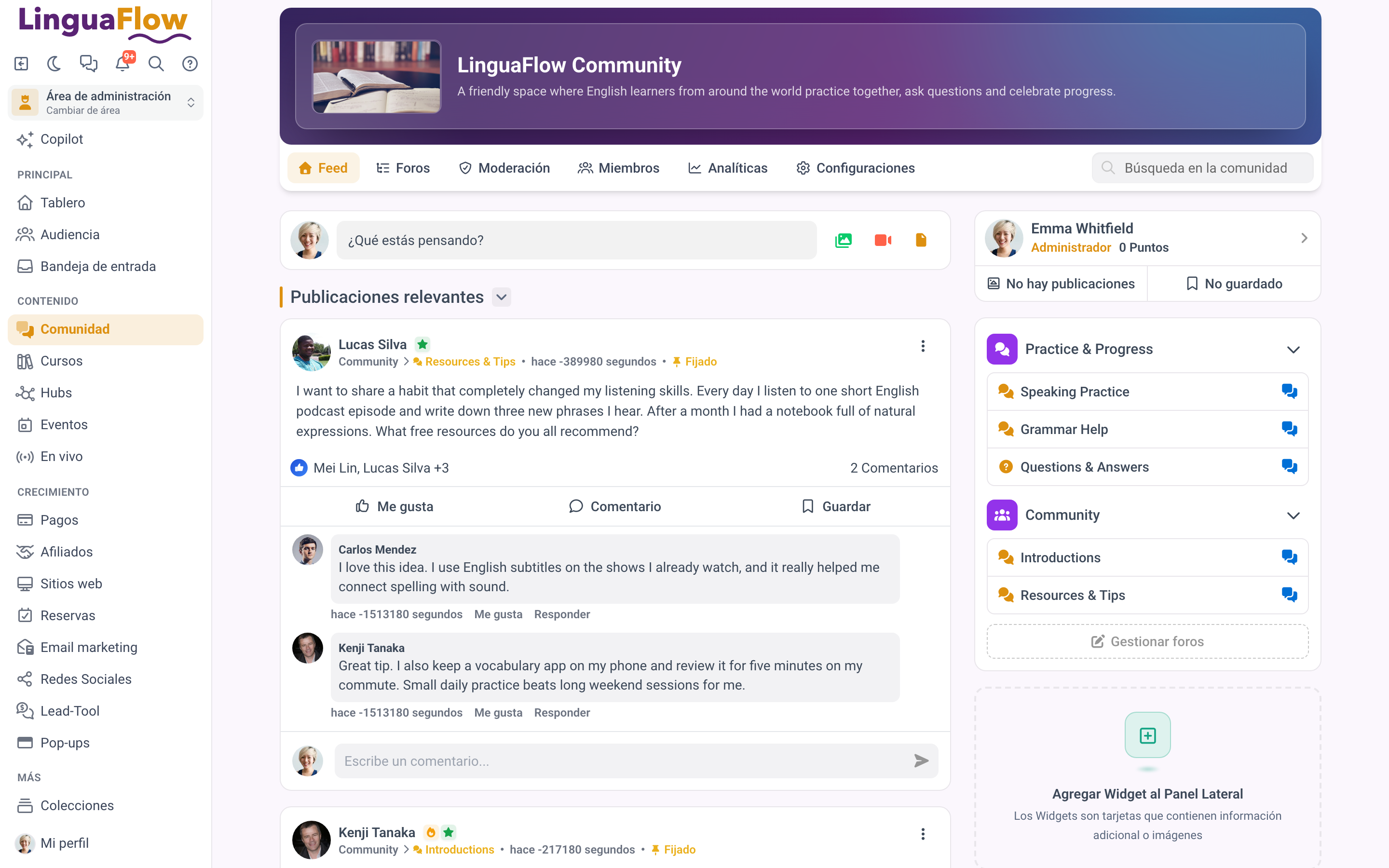El feed de la comunidad con una publicación abierta