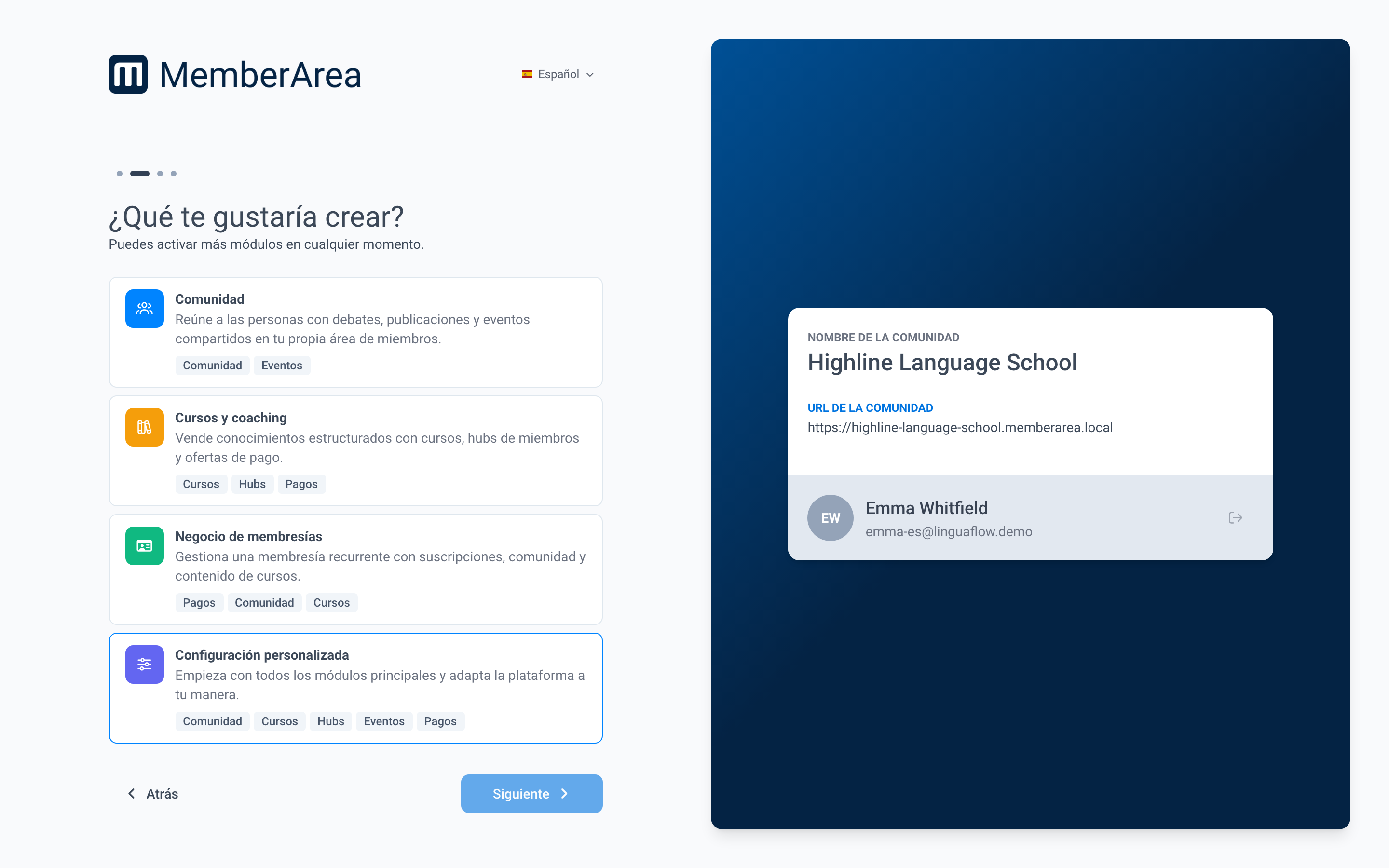 El paso ¿Qué te gustaría crear? con cuatro tipos de configuración