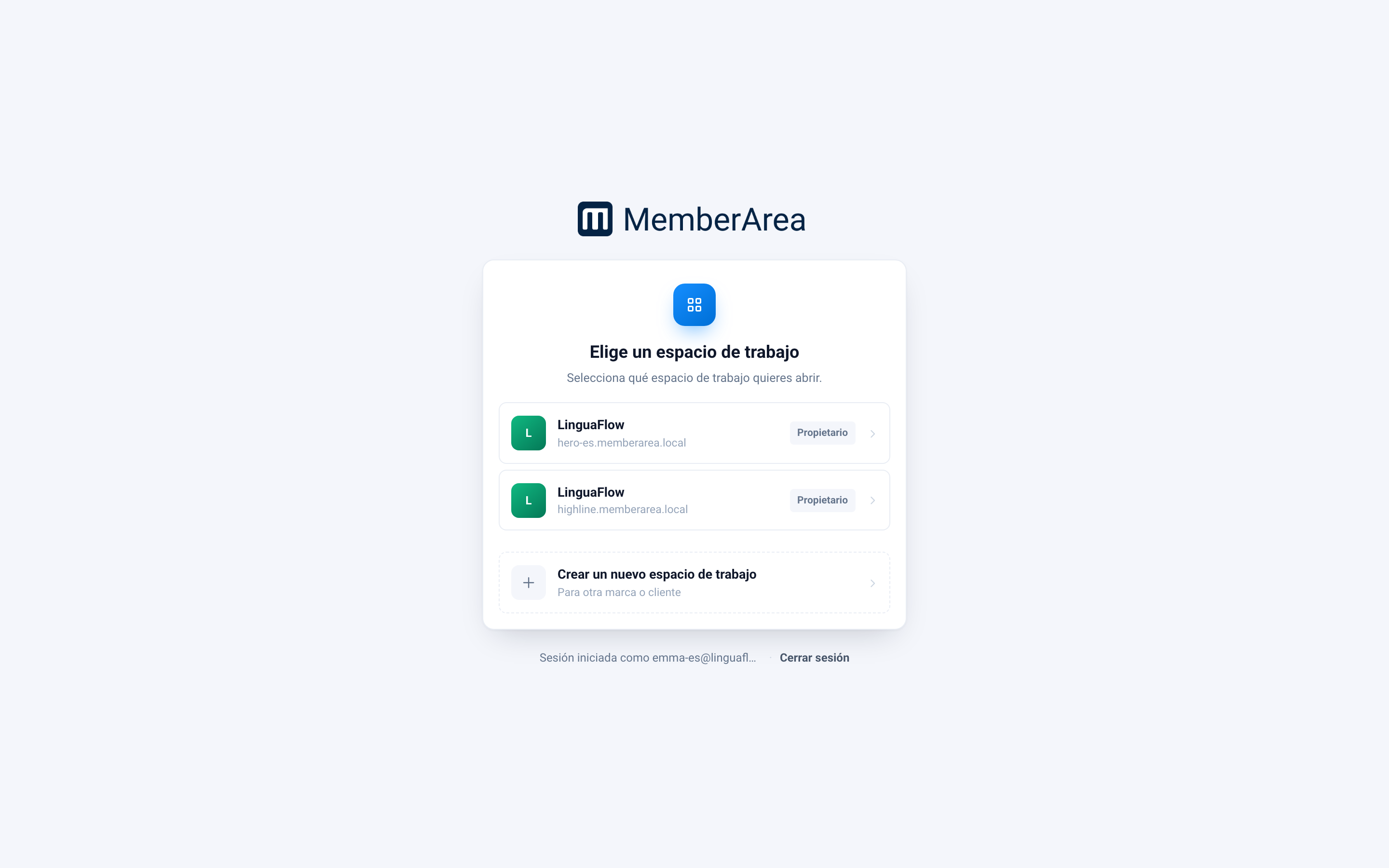 La lista de espacios de trabajo con Crear un nuevo espacio de trabajo