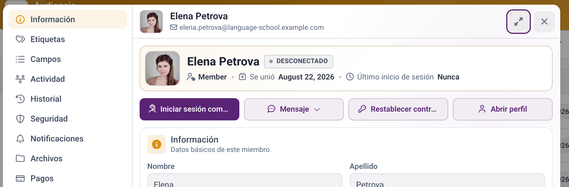 Iniciar sesión como un miembro desde su perfil