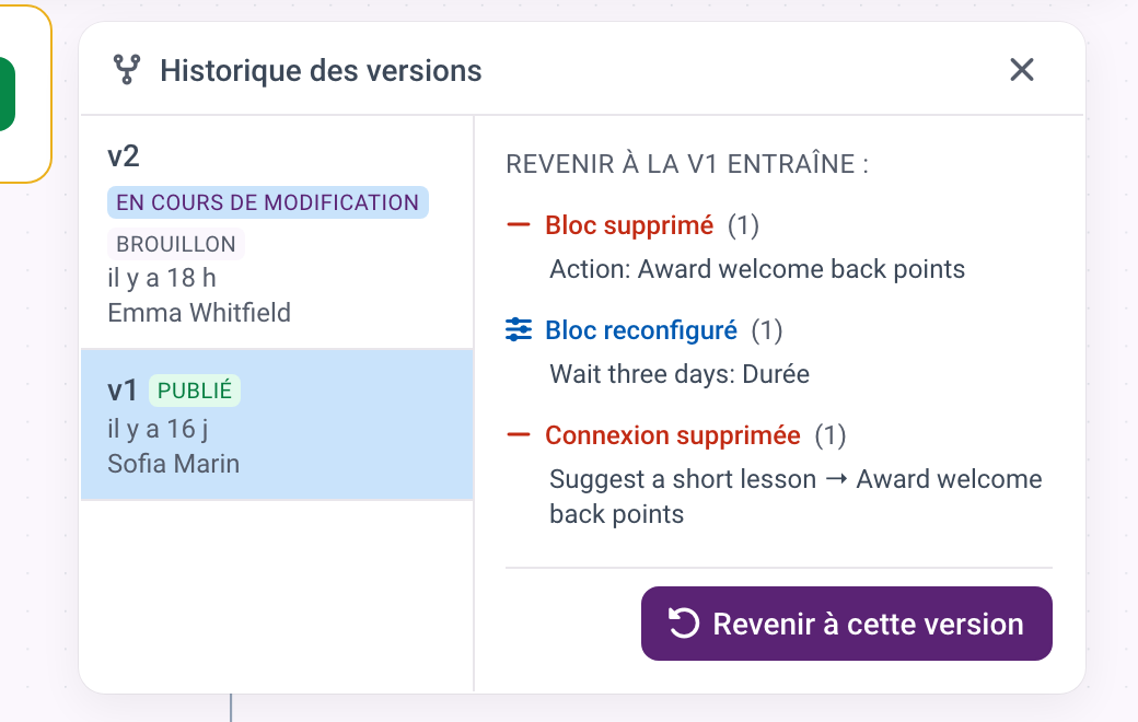 Le panneau Versions avec la version publiée et le brouillon, et la liste des modifications qu'un retour à cette version effectuerait.