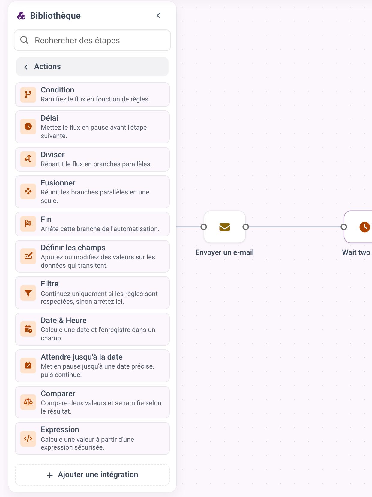 L'onglet Actions de la bibliothèque avec la section Contrôle, qui liste Condition, Délai, Diviser, Fusionner, Boucle et les autres étapes de flux.