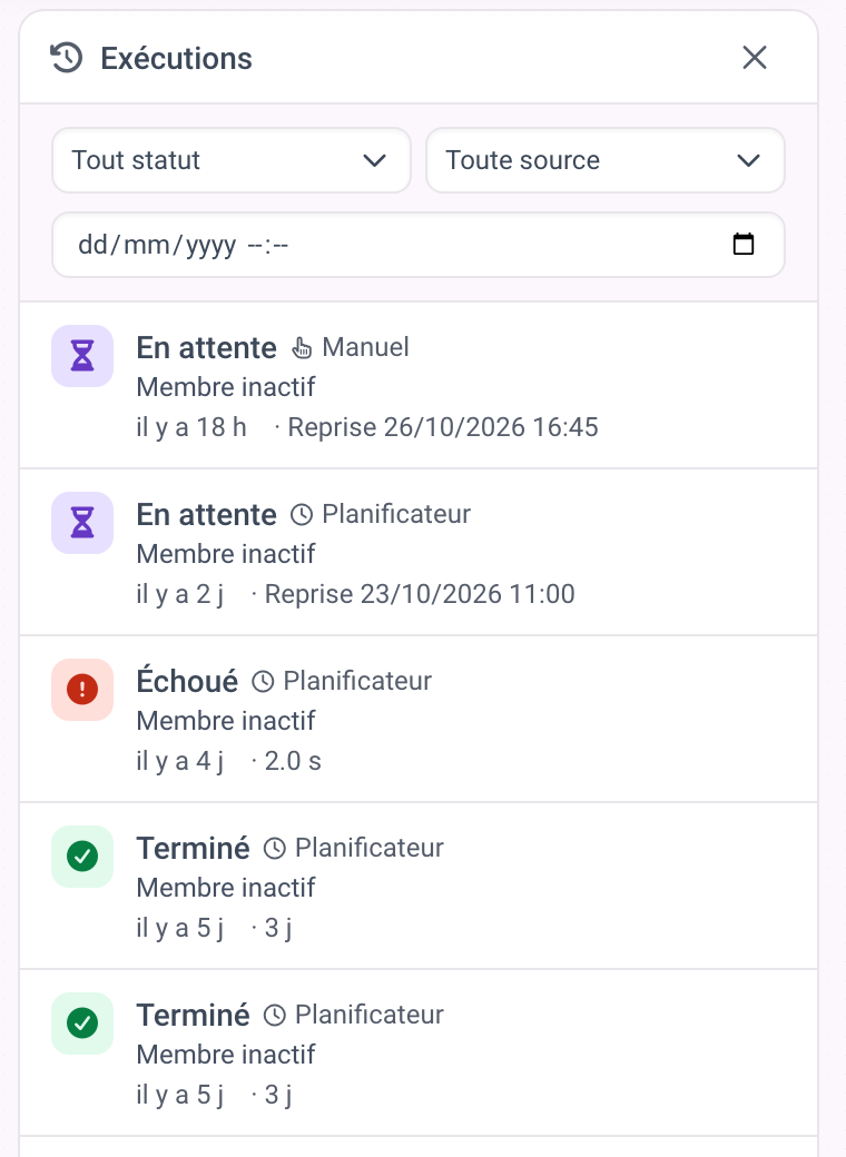 Le panneau Exécutions avec des exécutions en attente, échouées et terminées, leur source, leur heure de début et leur durée.