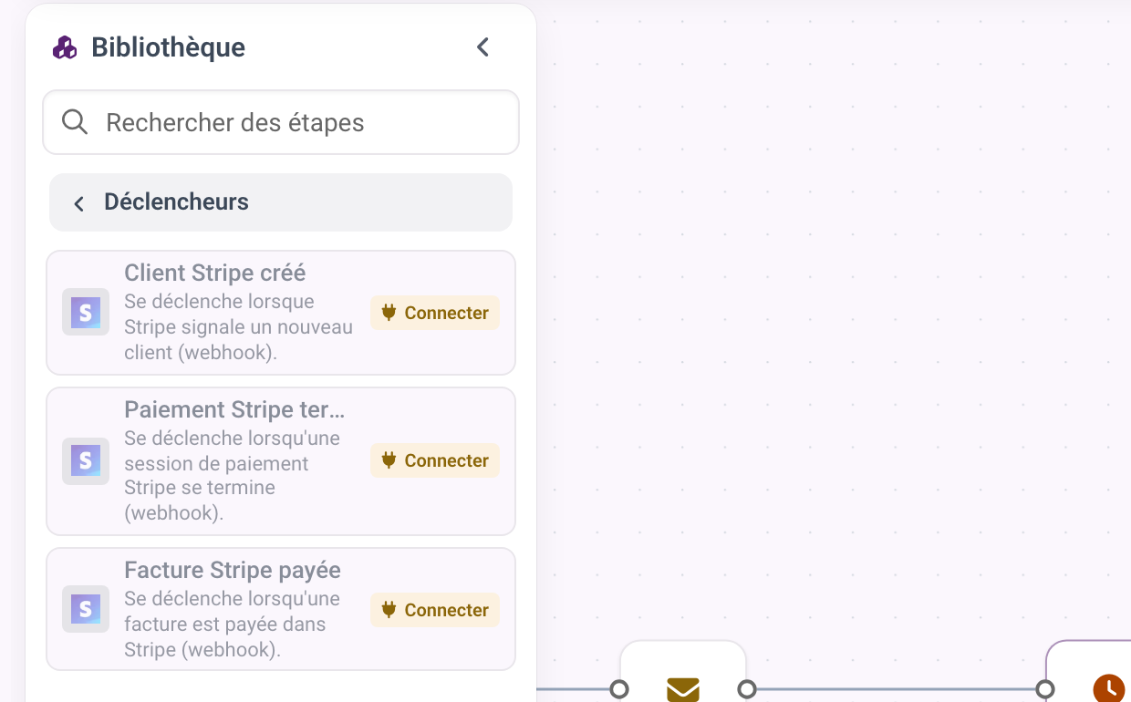 Les déclencheurs Stripe dans la bibliothèque, grisés avec la puce Connecter, car Stripe n'est pas encore connecté.
