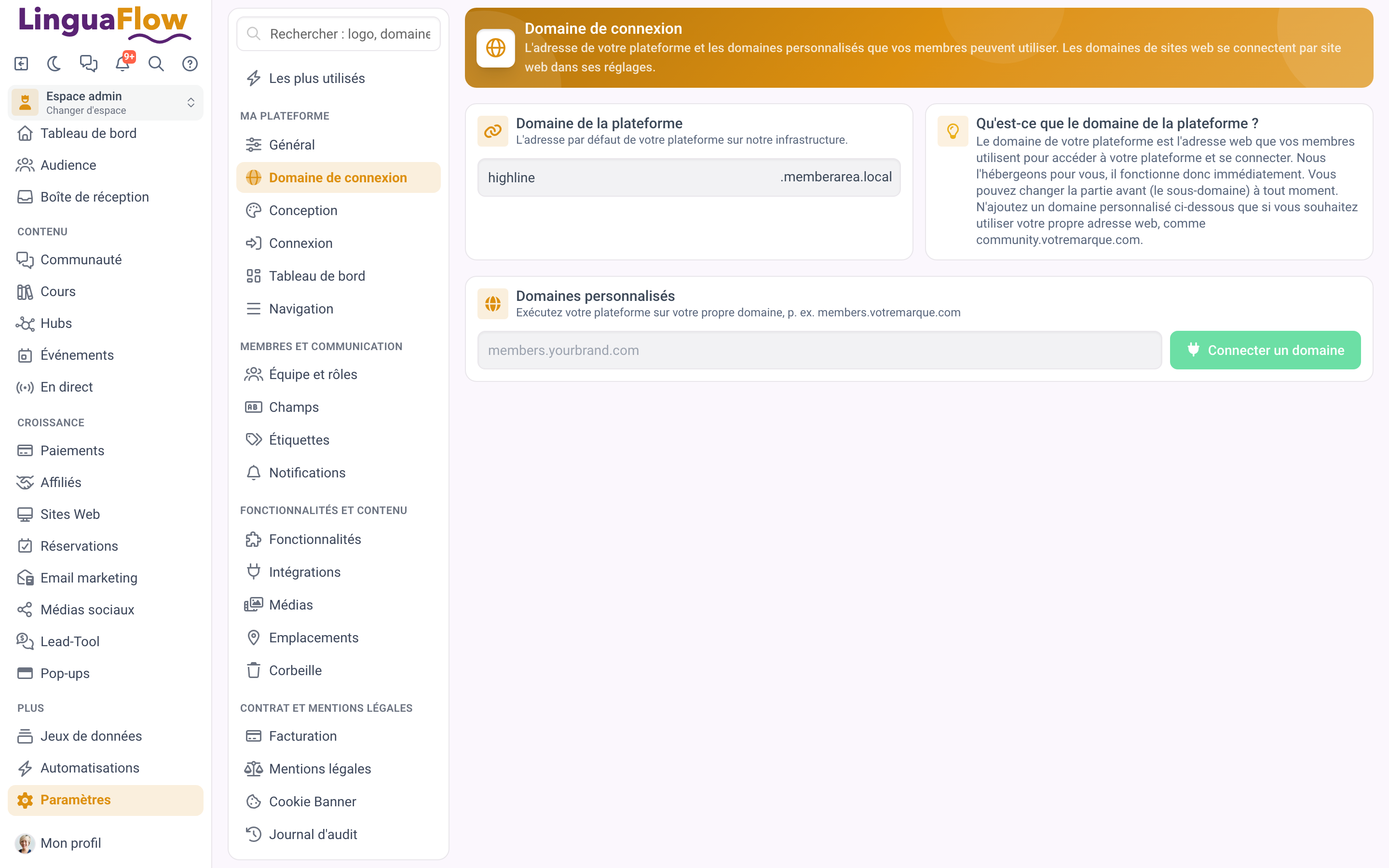 Les réglages de domaine avec un domaine connecté