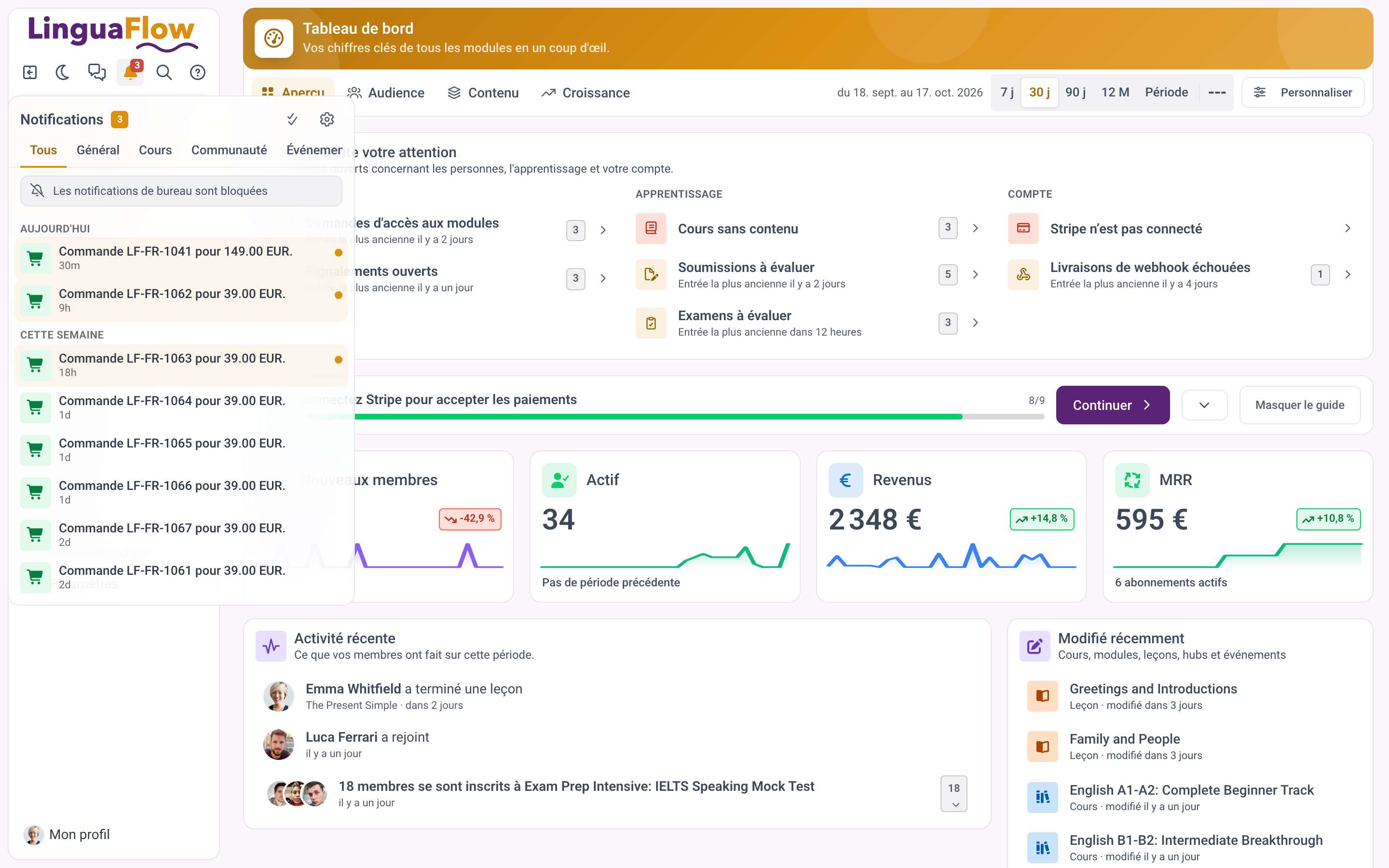 La cloche de notifications avec les notifications d'administration récentes et les filtres
