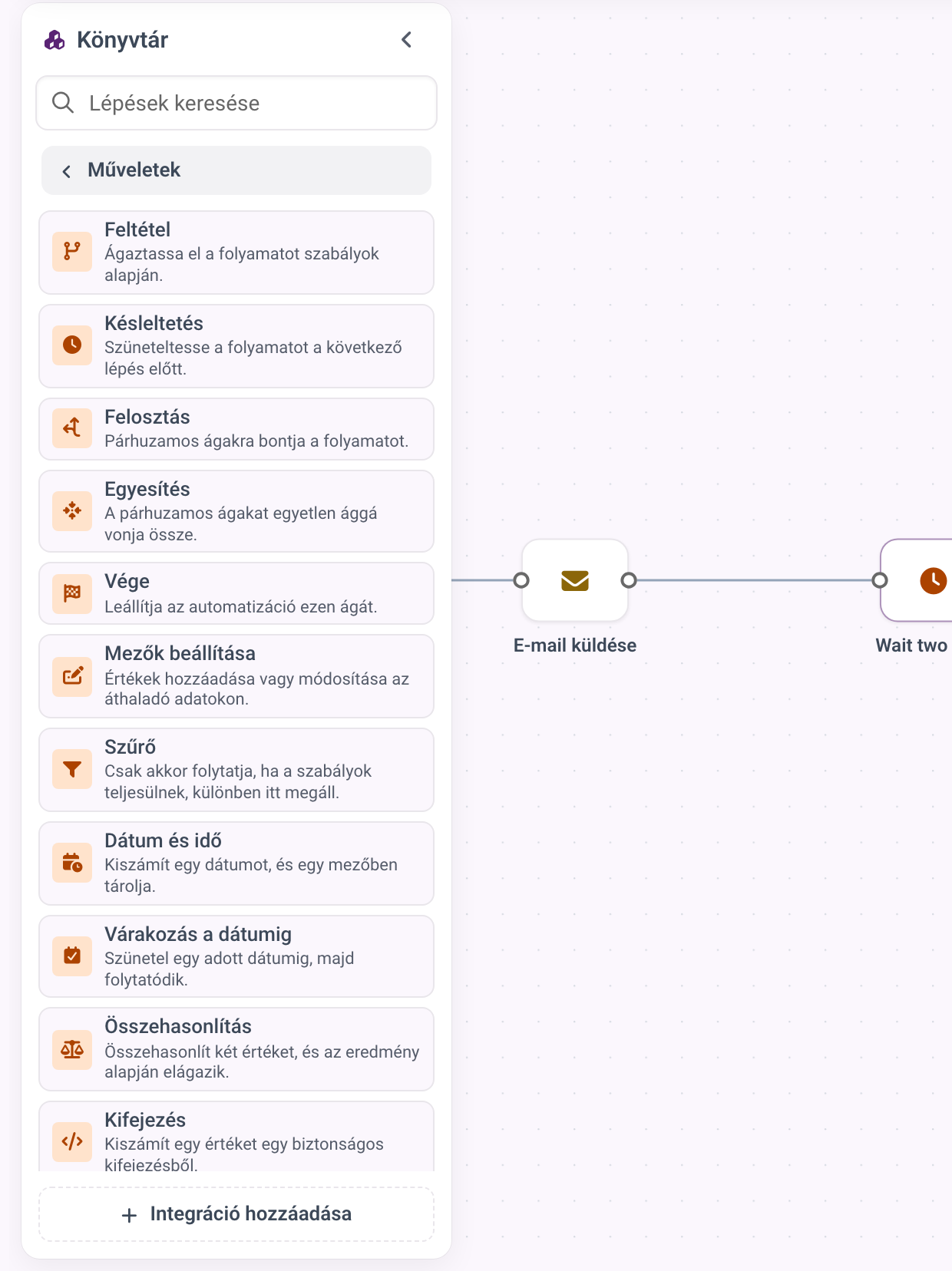 A könyvtár Műveletek lapja a Vezérlés szakasszal, amely a Feltétel, a Késleltetés, a Felosztás, az Egyesítés, a Ciklus és a többi folyamatlépés listáját mutatja.