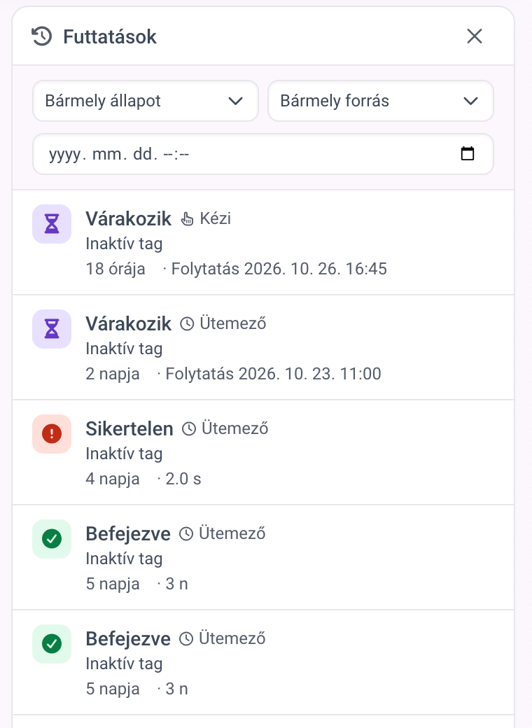 A Futtatások panel várakozó, sikertelen és befejezett futásokkal, azok forrásával, kezdési idejével és időtartamával.
