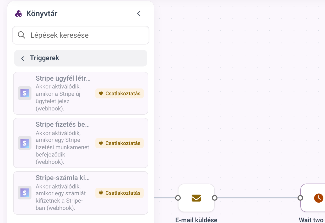 A Stripe triggerei a könyvtárban, kiszürkítve a Csatlakoztatás chippel, mert a Stripe még nincs csatlakoztatva.