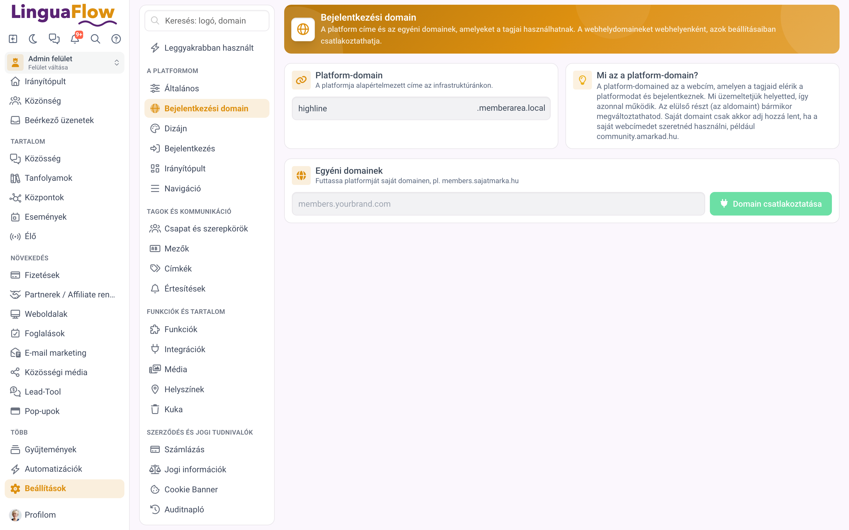 A domainbeállítások csatlakoztatott domainnel