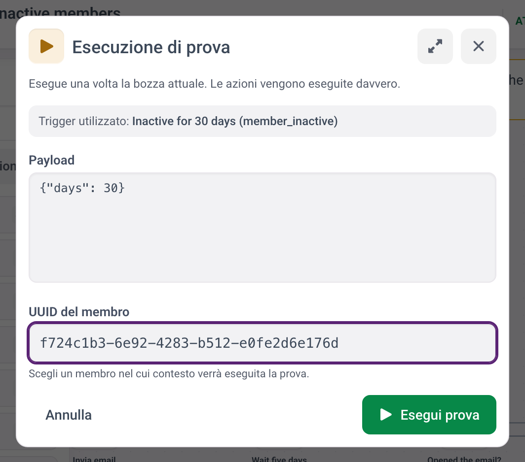 La finestra Esecuzione di prova con il payload in JSON e l'UUID del membro compilato, pronta per l'esecuzione.