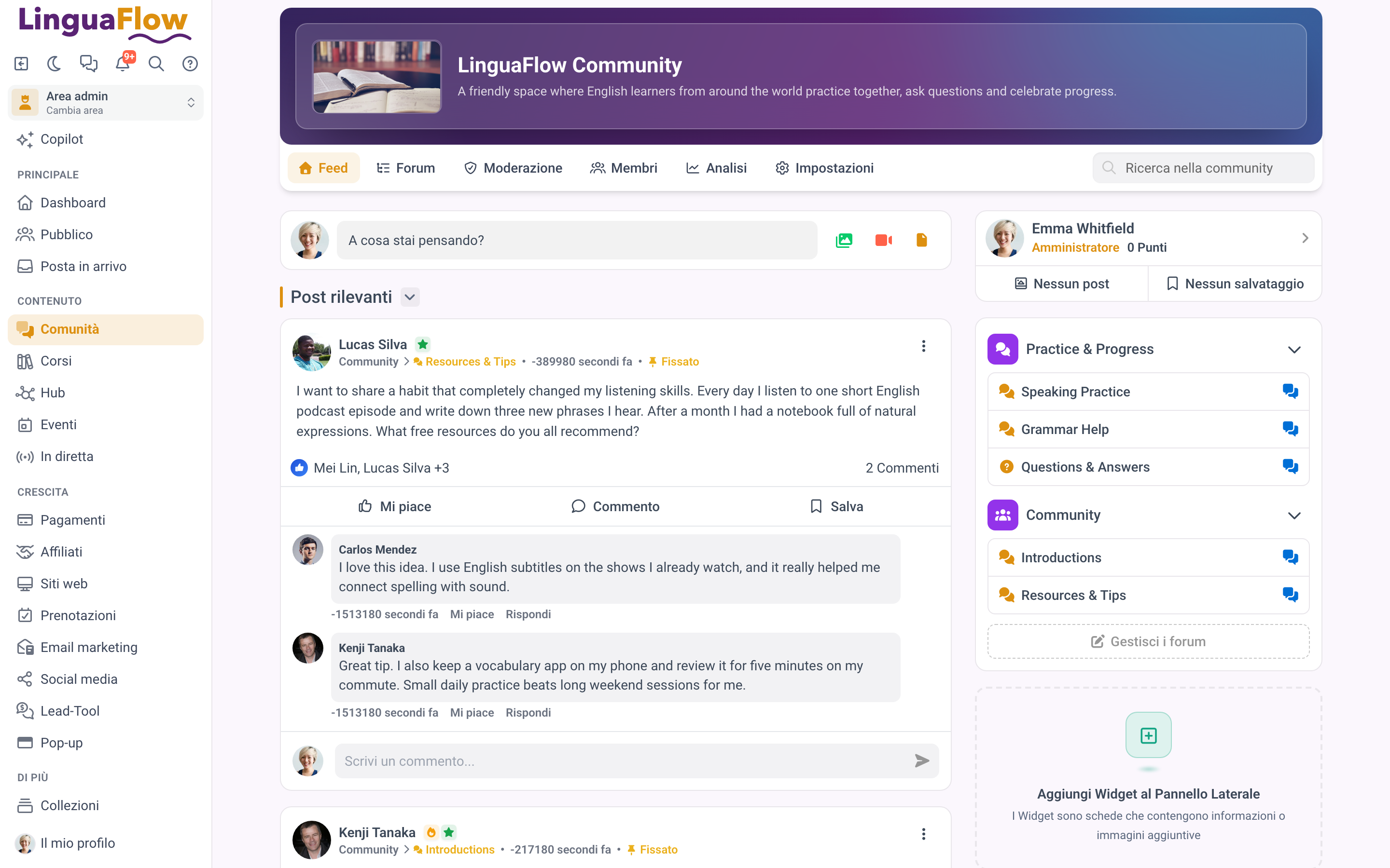 Il feed della community con un post aperto