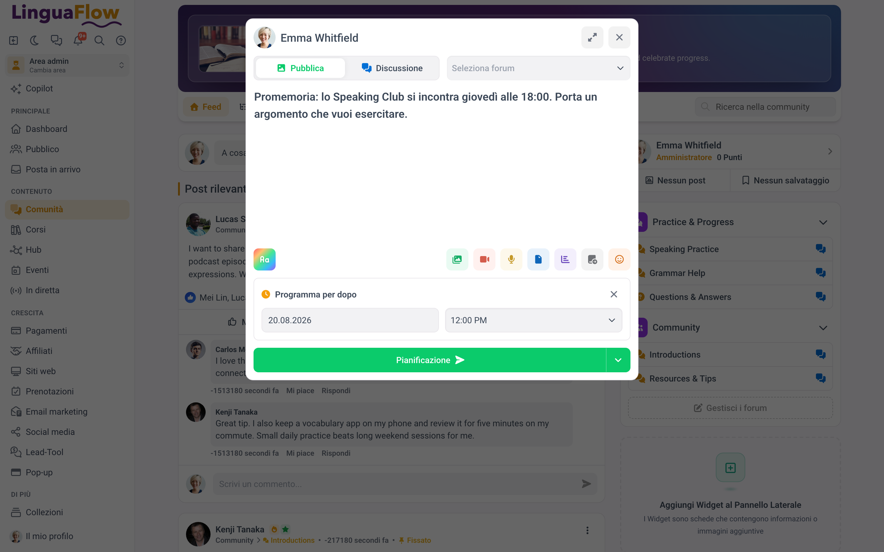La finestra di programmazione su un post