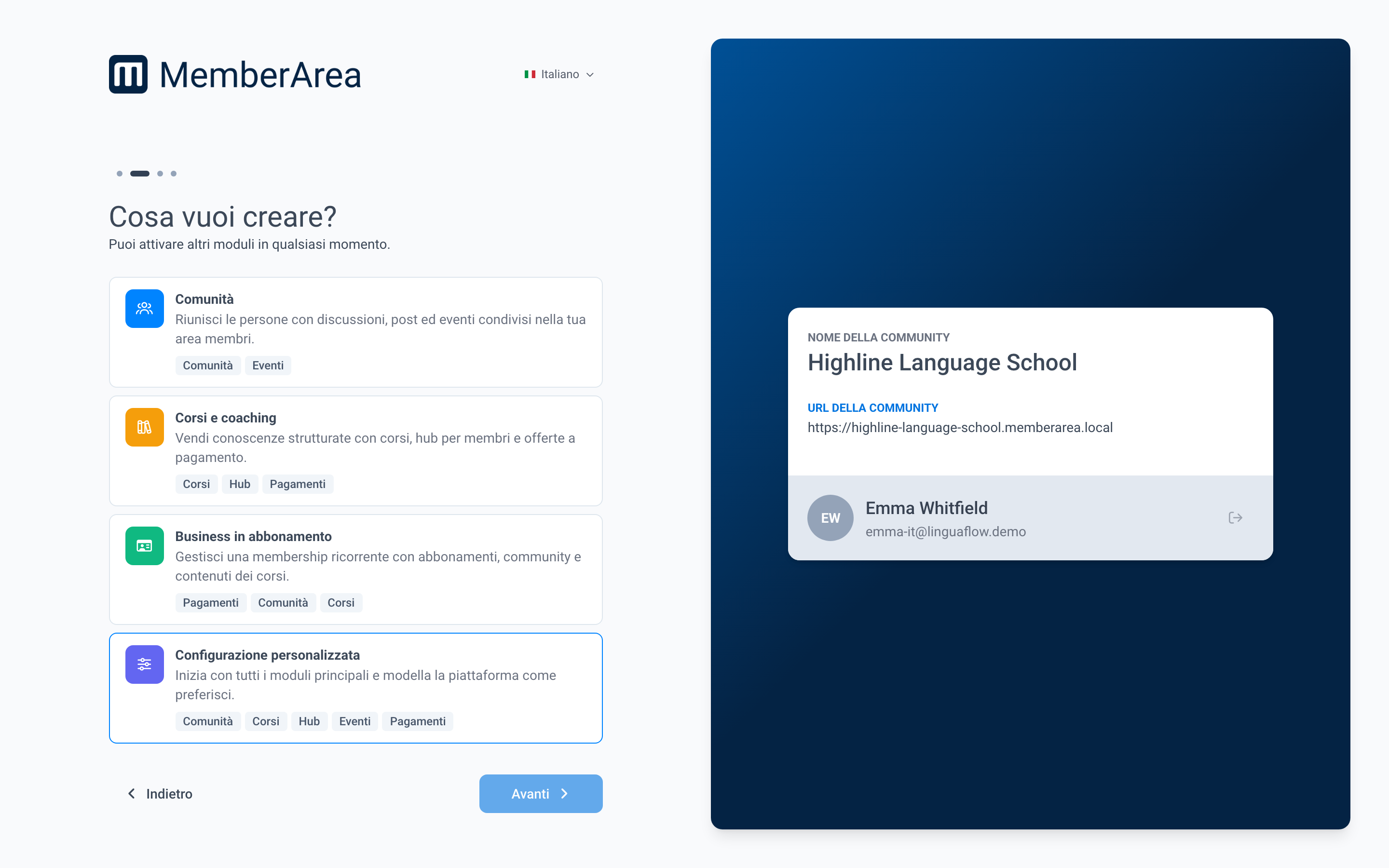 Il passo Cosa vuoi creare? con i quattro tipi di configurazione