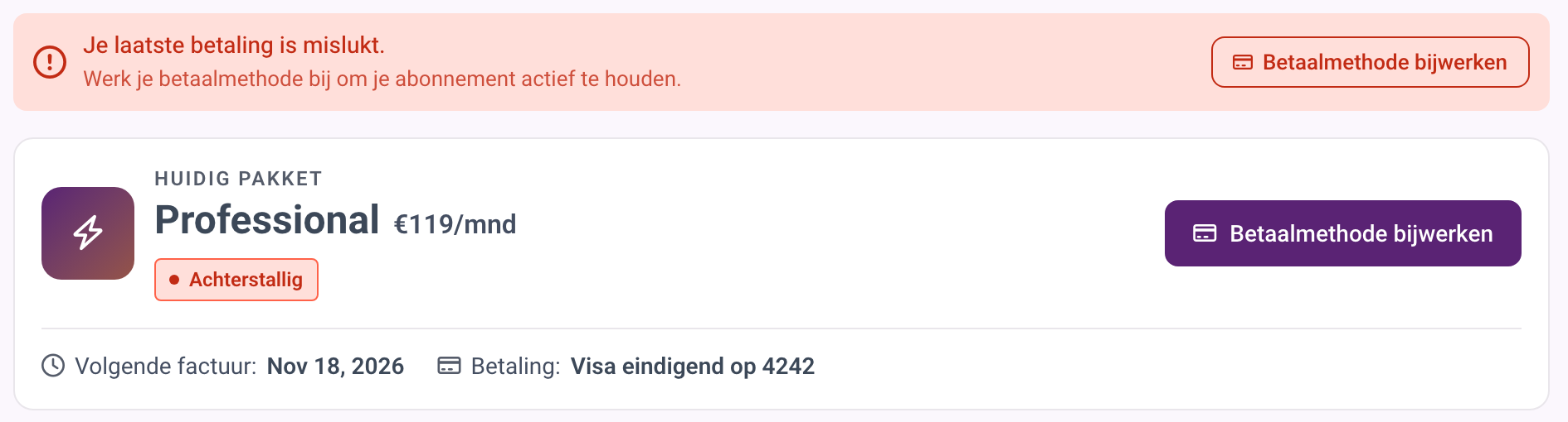 De melding na een mislukte betaling met de knop om de betaalmethode bij te werken.