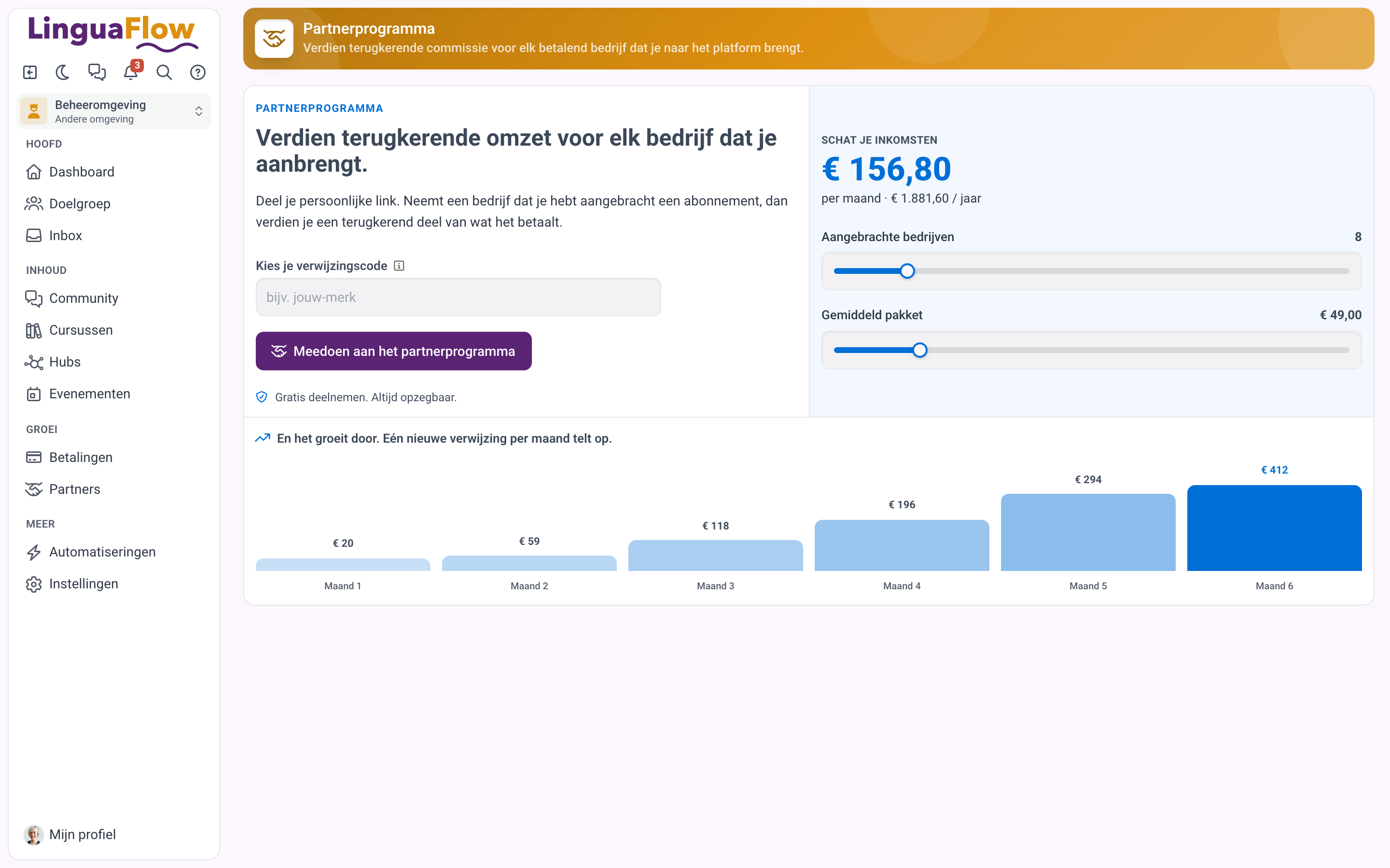 Het partnerportaal met de tabbladen voor overzicht, link, verwijzingen, commissies, uitbetalingen en materiaal