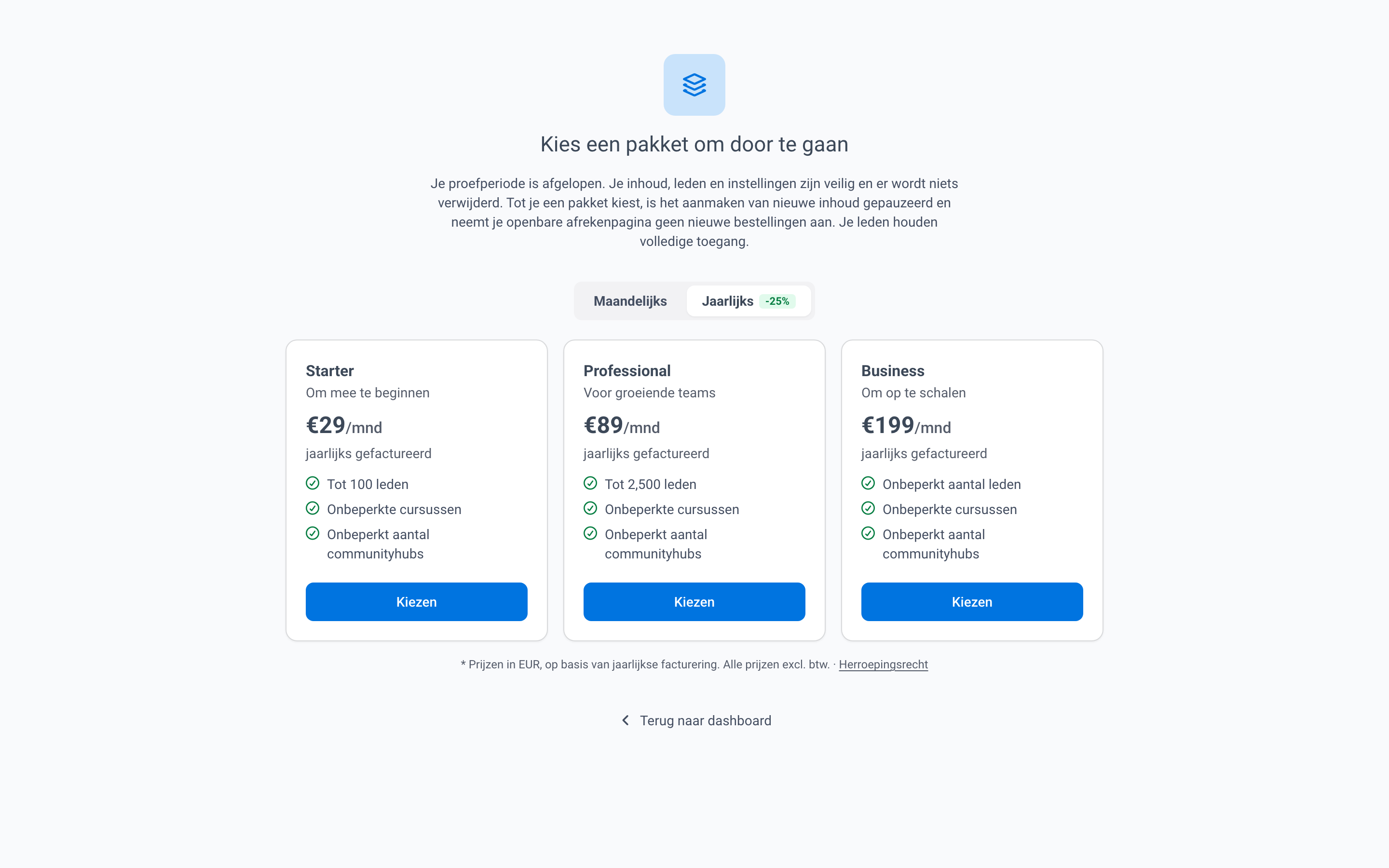 De pagina Kies een pakket om door te gaan nadat de proefperiode is afgelopen.
