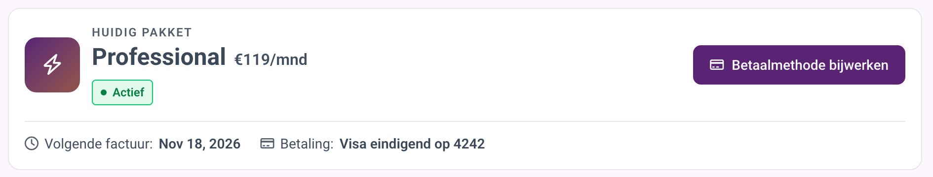 Het huidige pakket op de pagina Facturering met prijs, status, volgende factuurdatum en kaart.