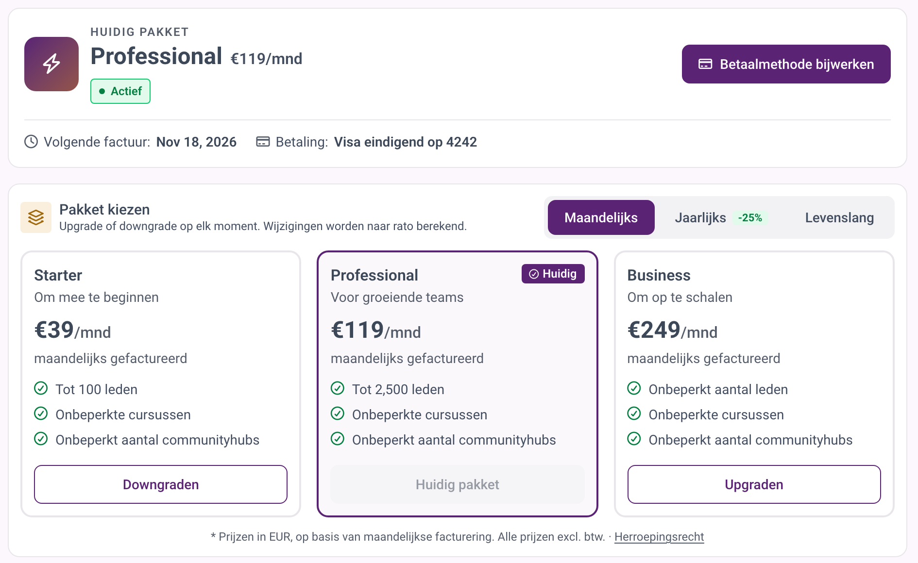 Het huidige pakket boven de pakketkaarten met de keuze tussen Maandelijks, Jaarlijks en Levenslang.