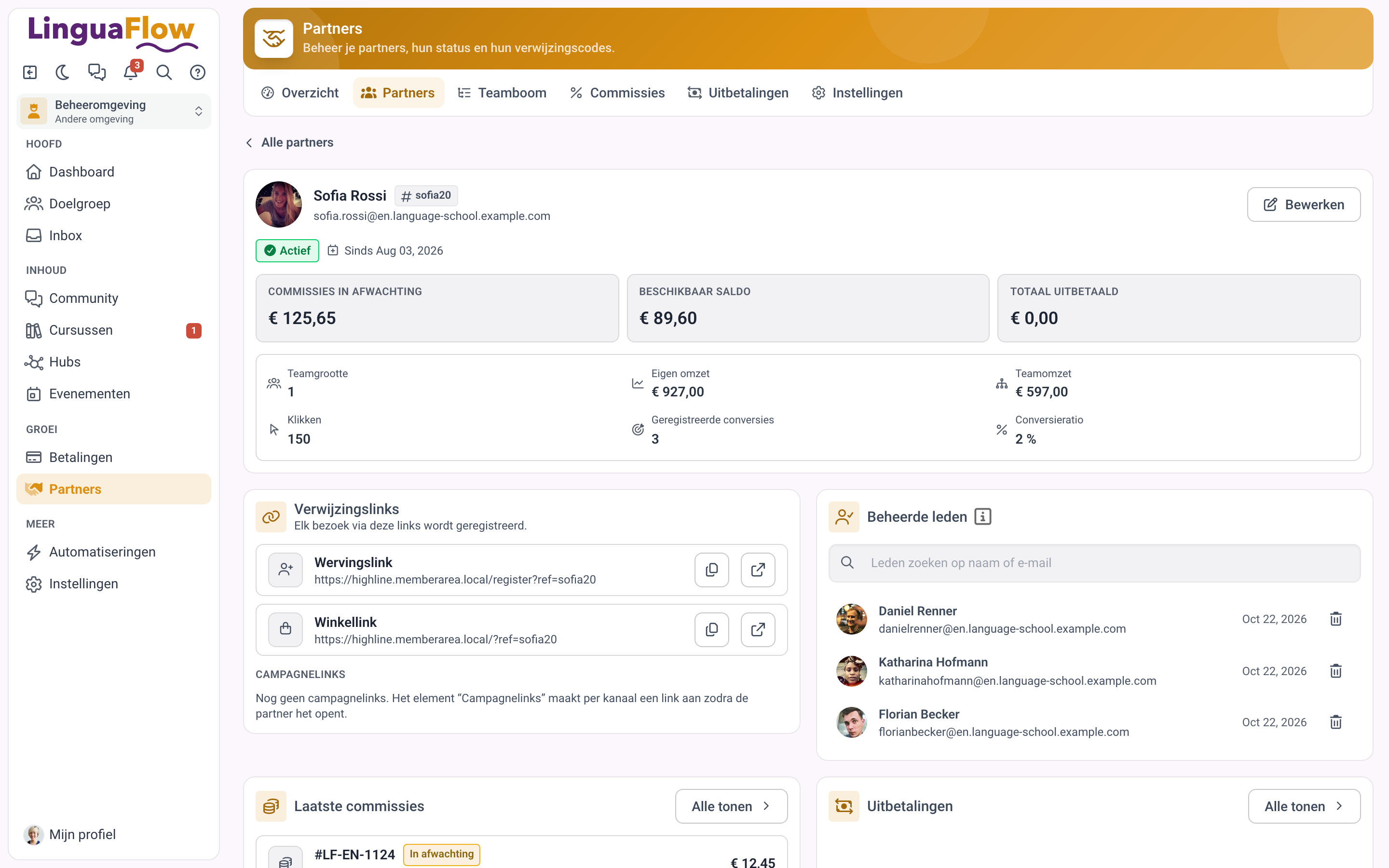 Een partnerpagina met cijfers over omzet, team en saldo, de verwijzingslinks en de beheerde leden.