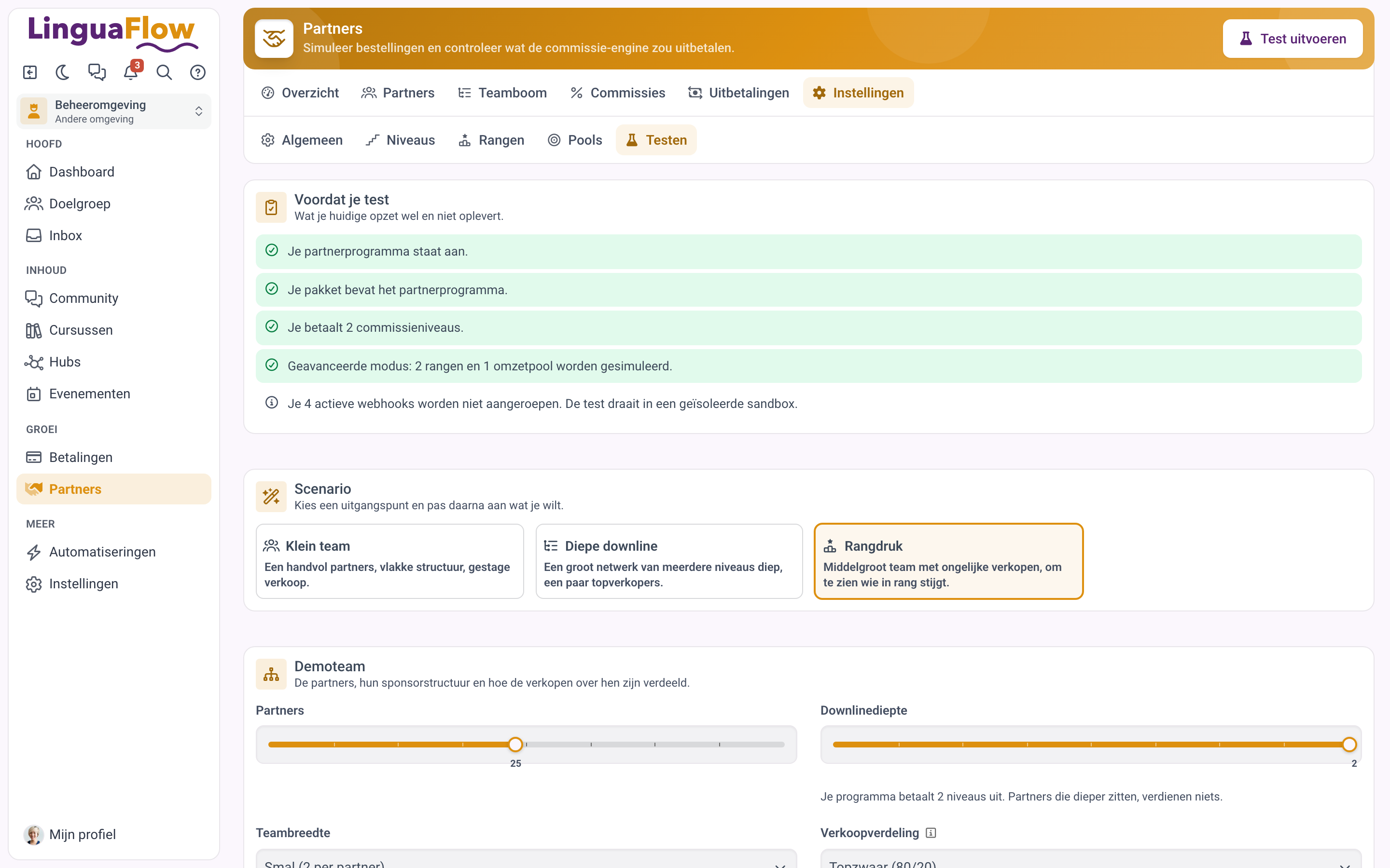 De pagina Testen met de checklist Voordat je test en het scenario Rangdruk geselecteerd.