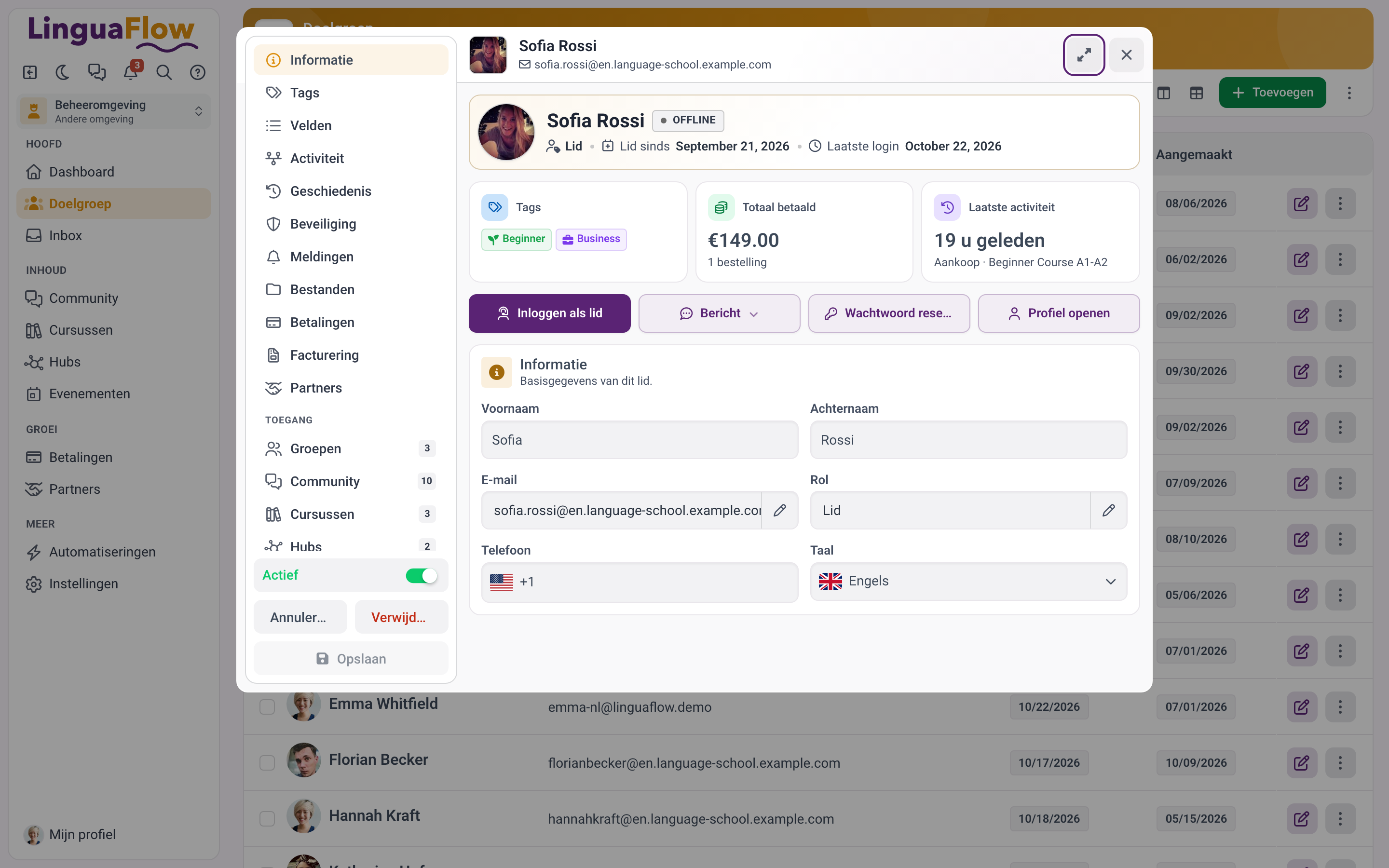 Een ledenprofiel met de lijst van onderdelen