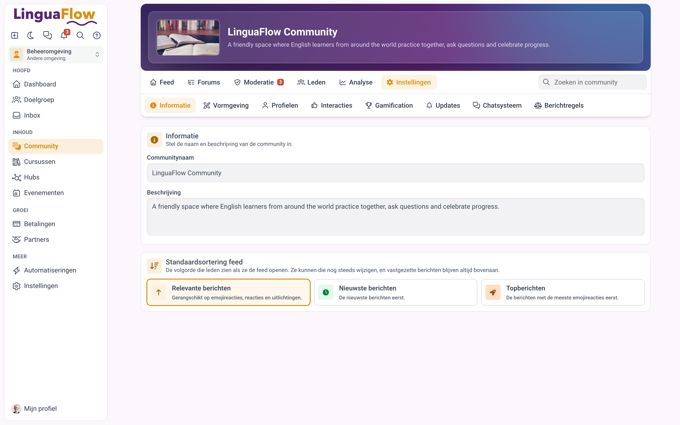 De communityinstellingen met hun acht tabbladen