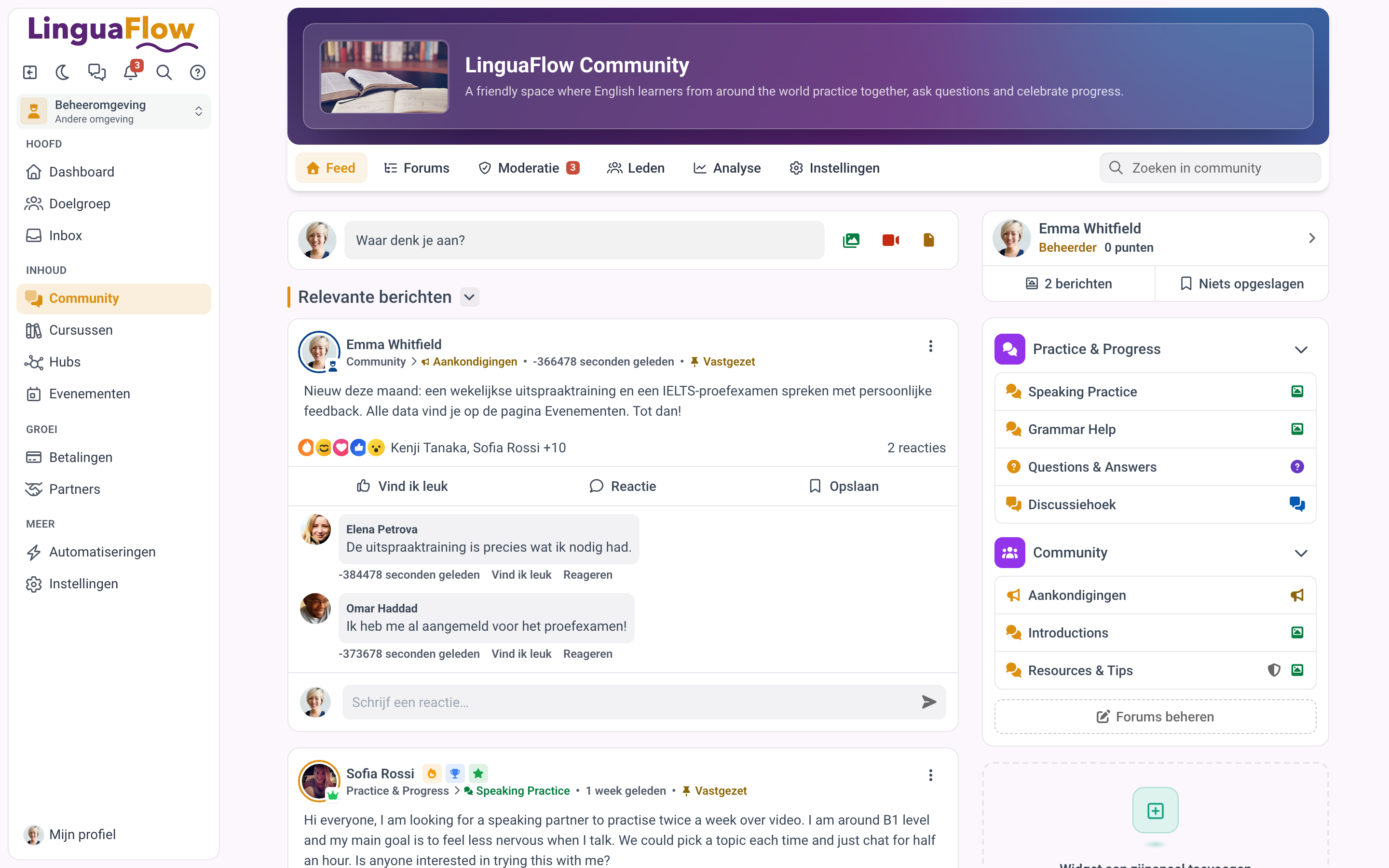 De communityfeed met een geopend bericht